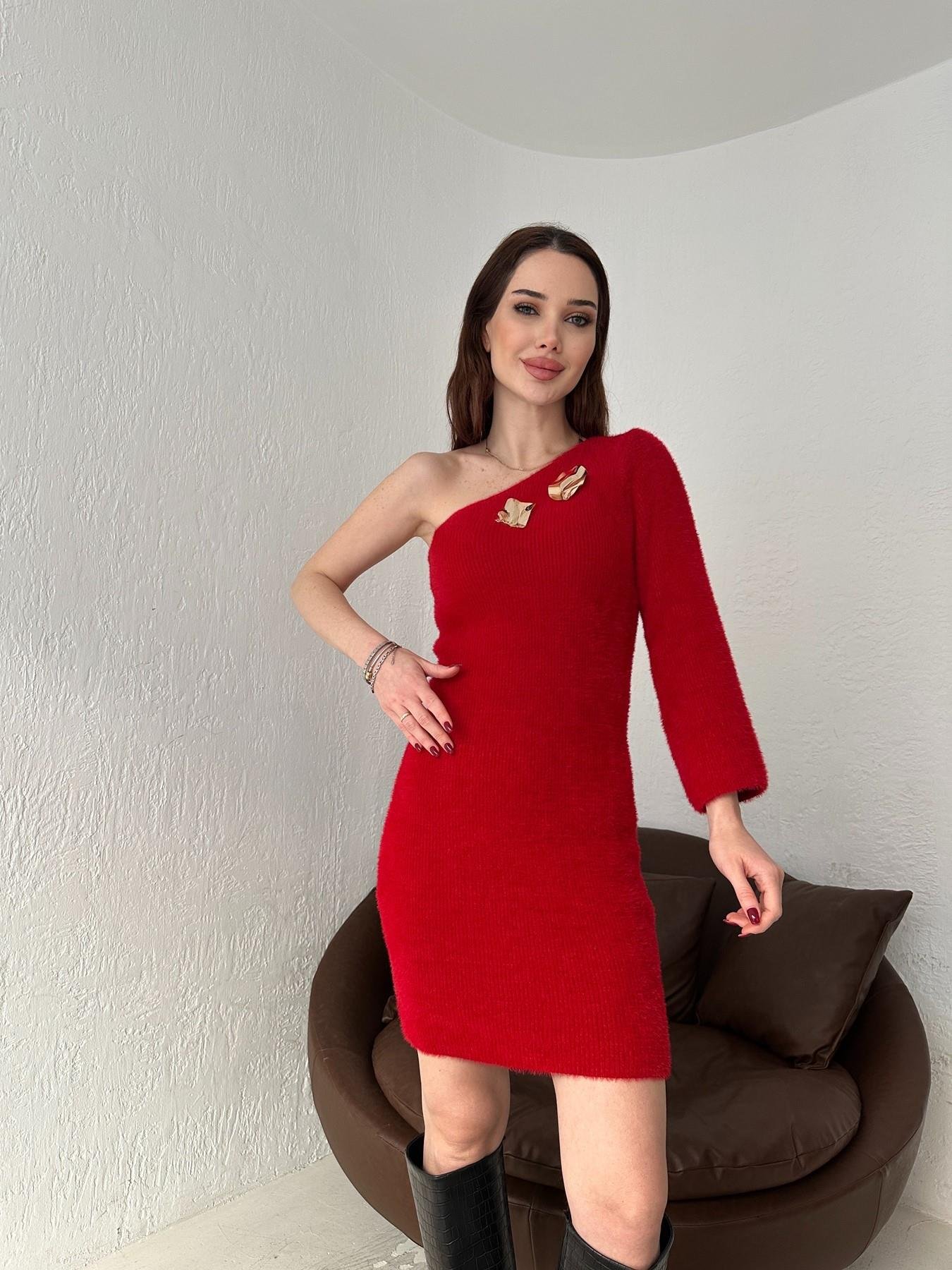 Tek Omuz Broşlu Elbise KIRMIZI