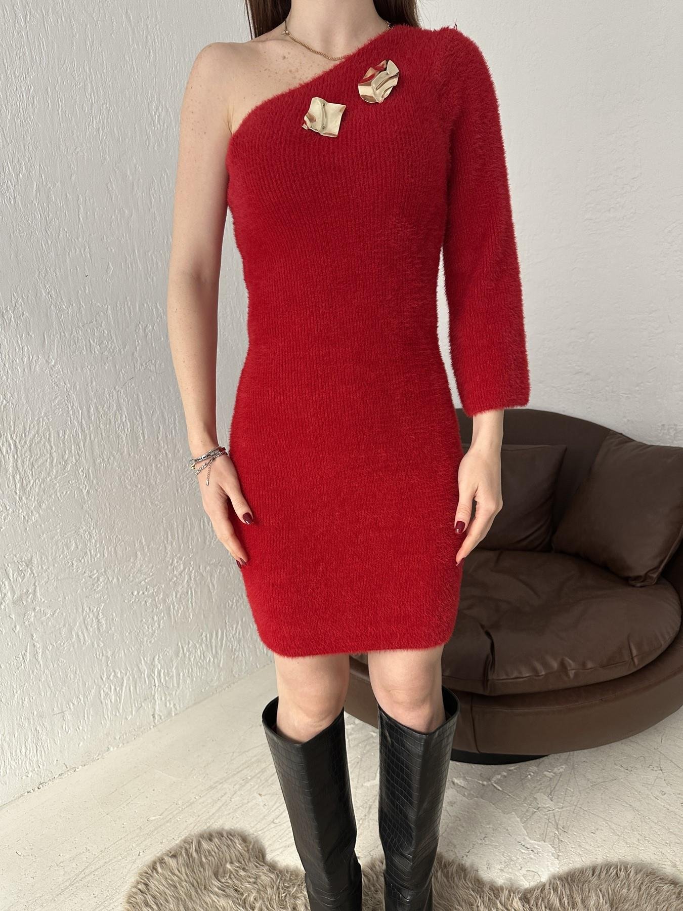 Tek Omuz Broşlu Elbise KIRMIZI