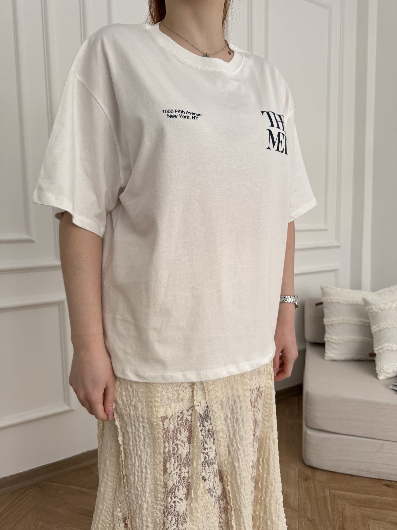 The Met Baskılı Oversize Tshirt Ekru