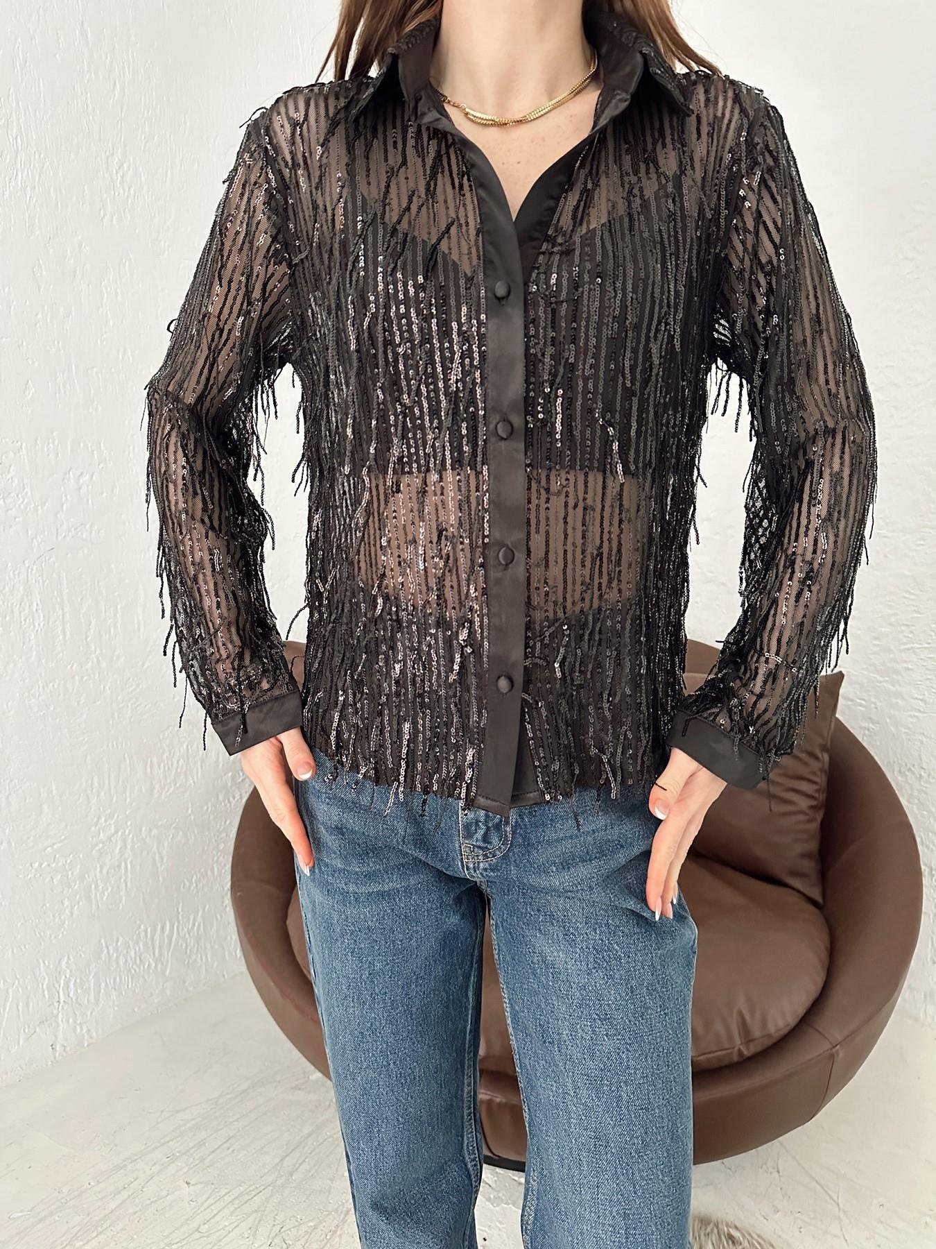 Transparan Pul Saçaklı Gömlek SİYAH