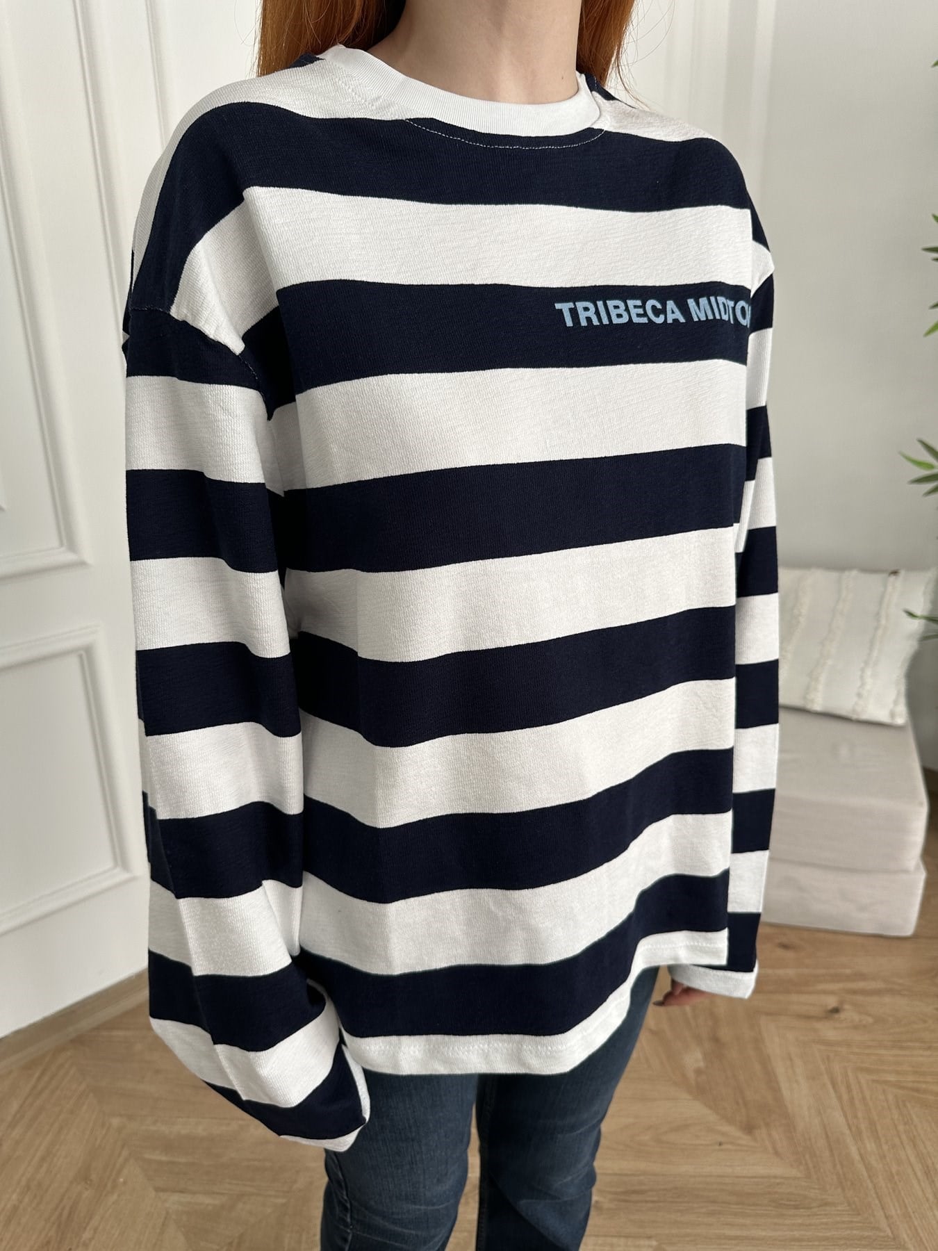 Tribeca Midtown Baskı Kalın Çizgili Sweat Beyaz-laci