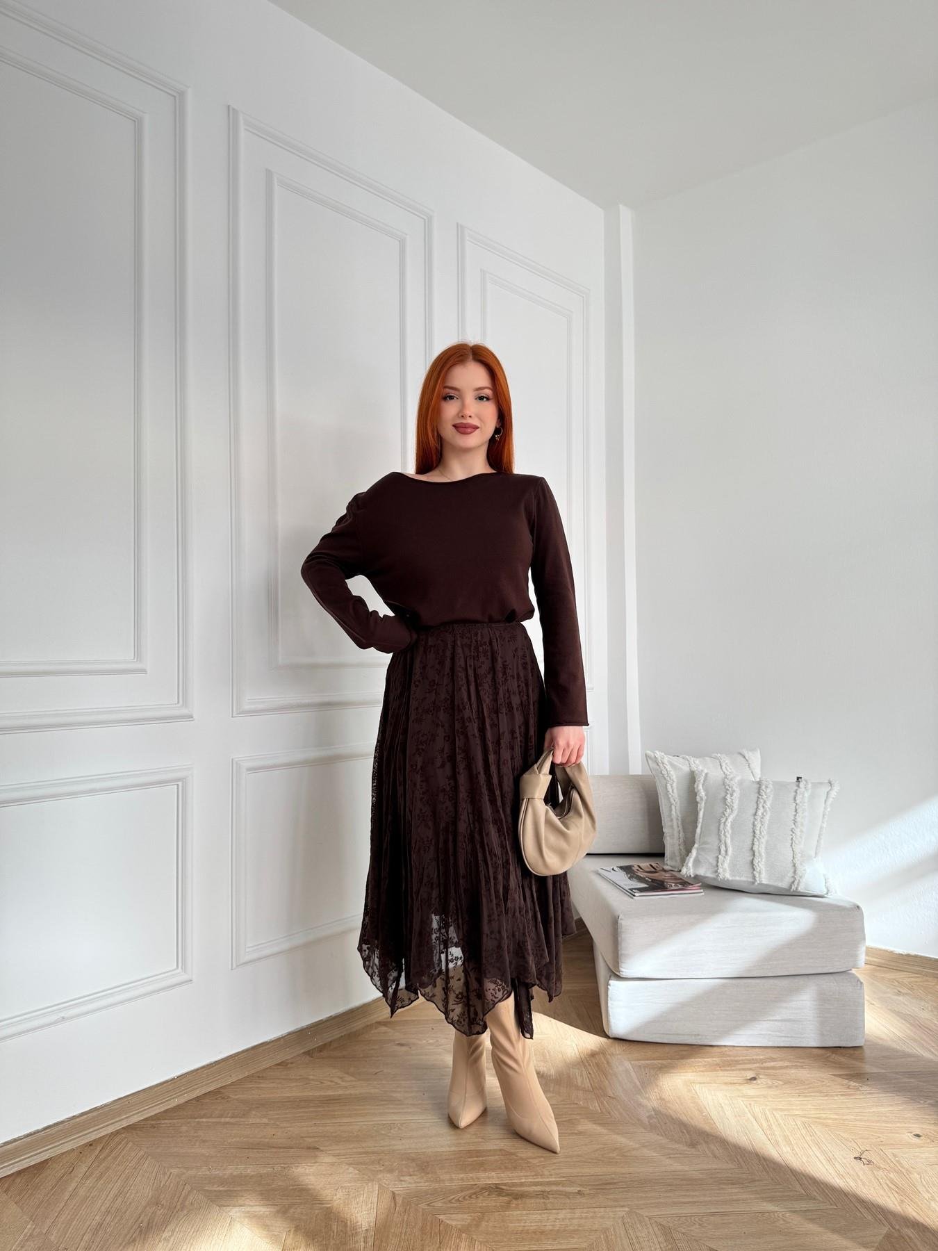 Tül Asimetrik Etek Kahve