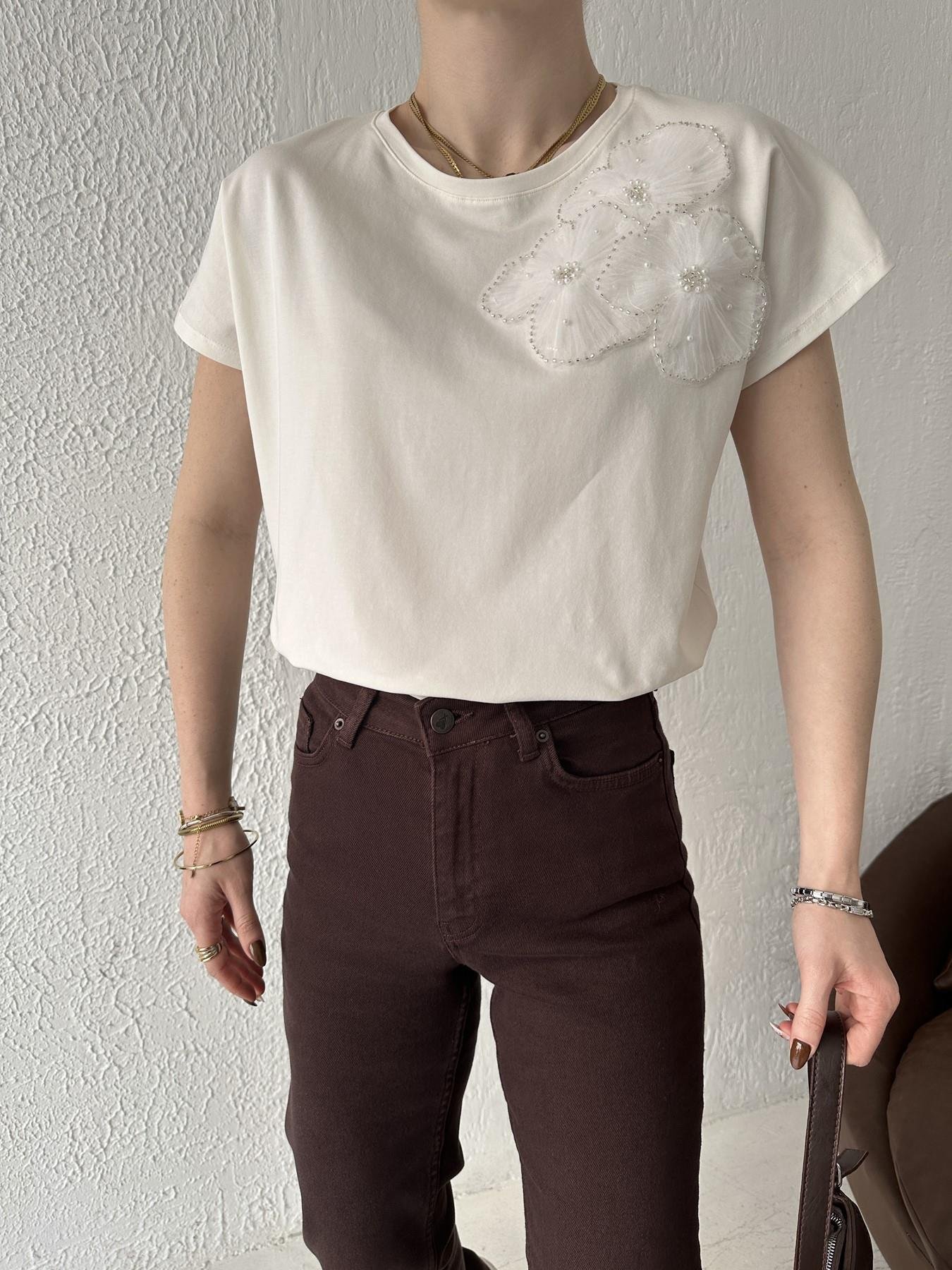 Tül Çiçekli Tişört EKRU