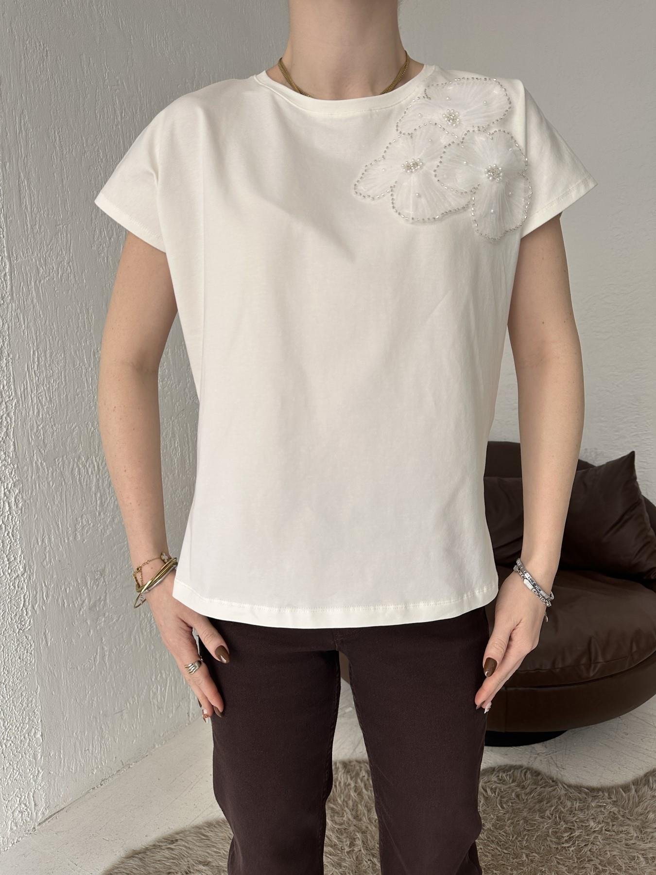 Tül Çiçekli Tişört EKRU