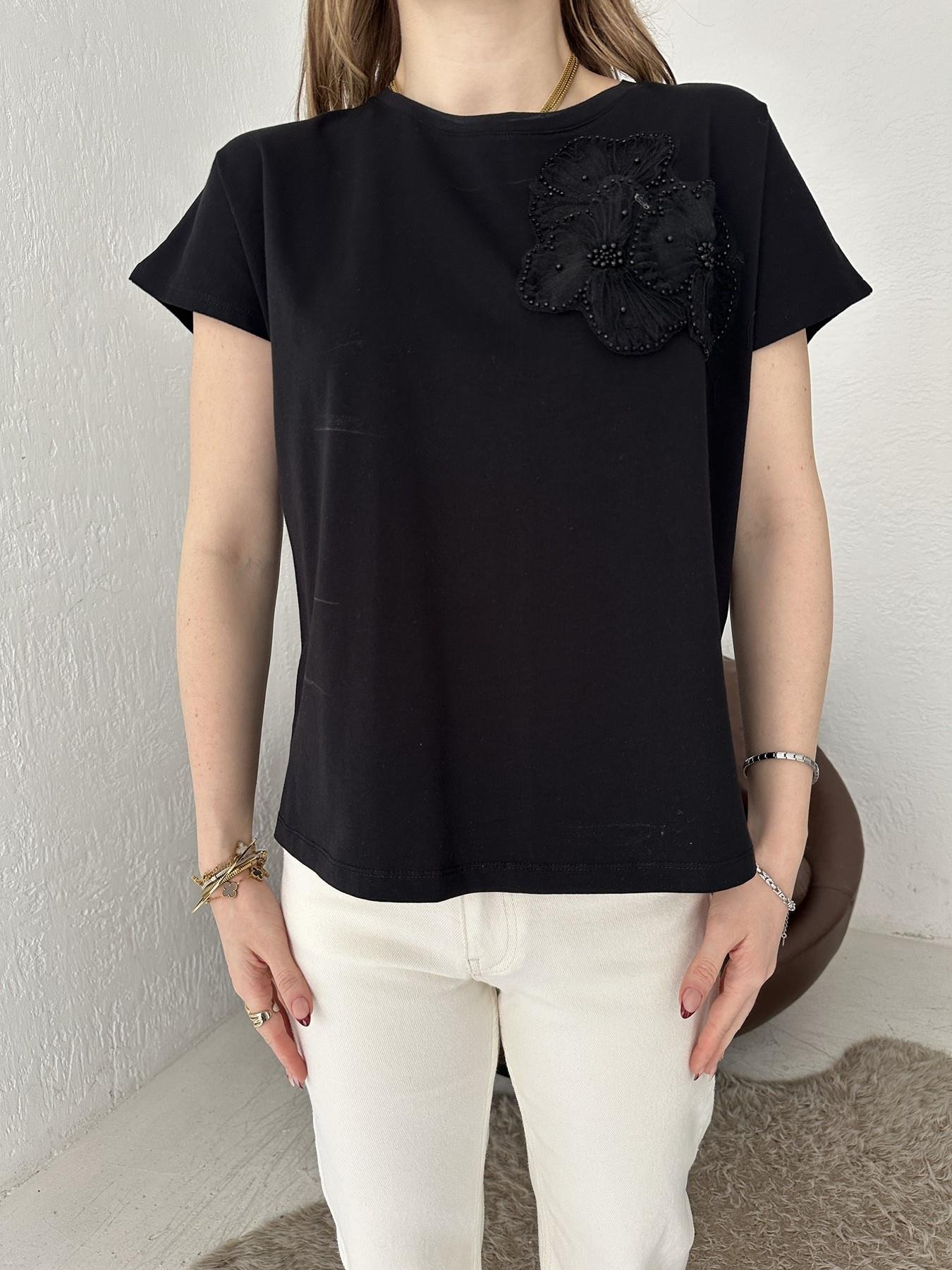Tül Çiçekli Tişört Siyah