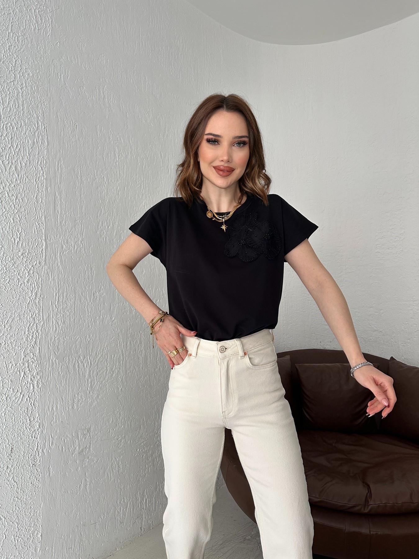 Tül Çiçekli Tişört Siyah