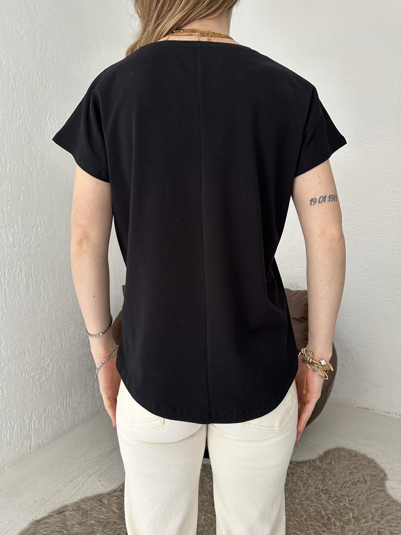 Tül Çiçekli Tişört Siyah