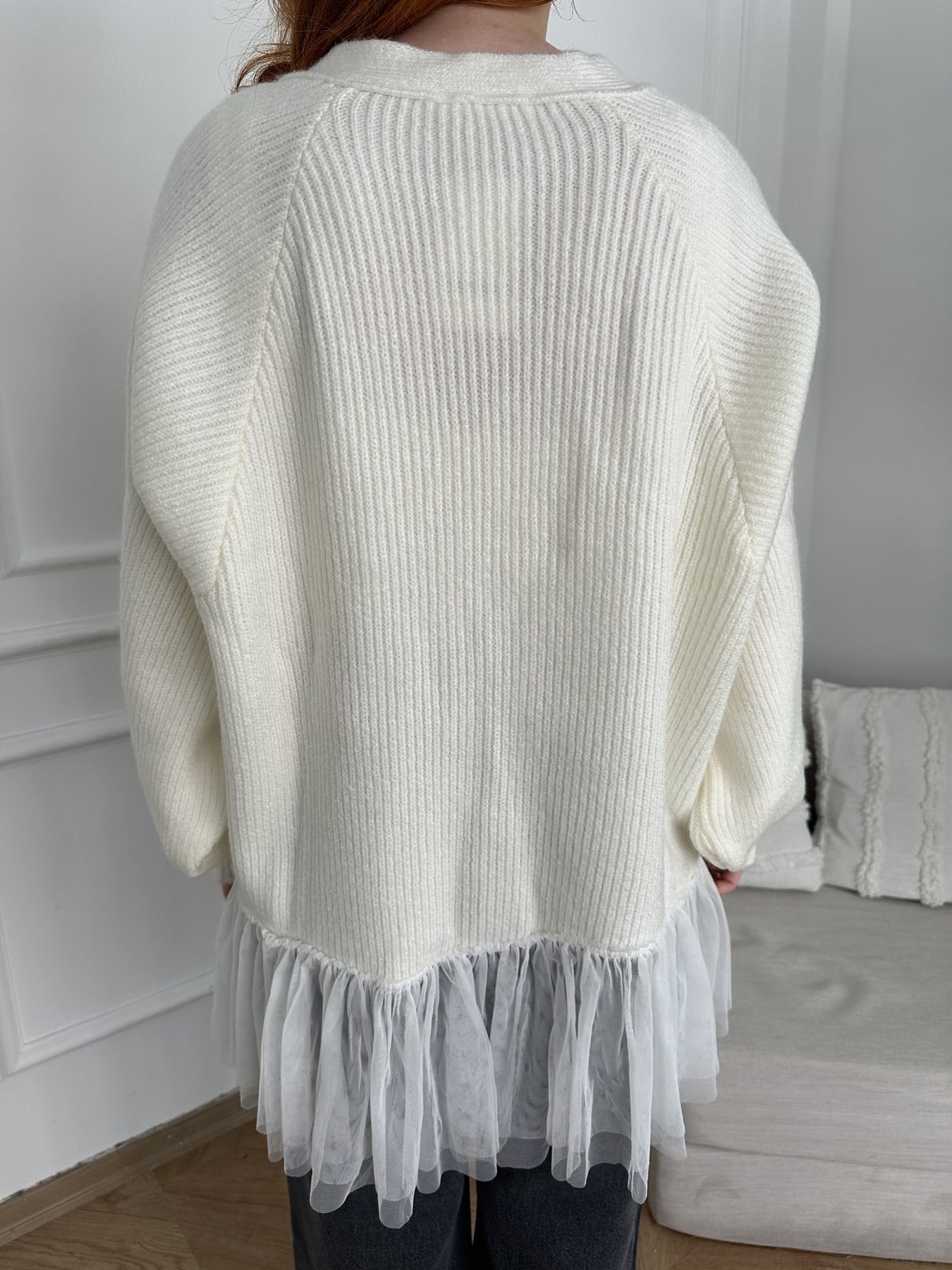 Tül Detay Oversize Hırka Kemik