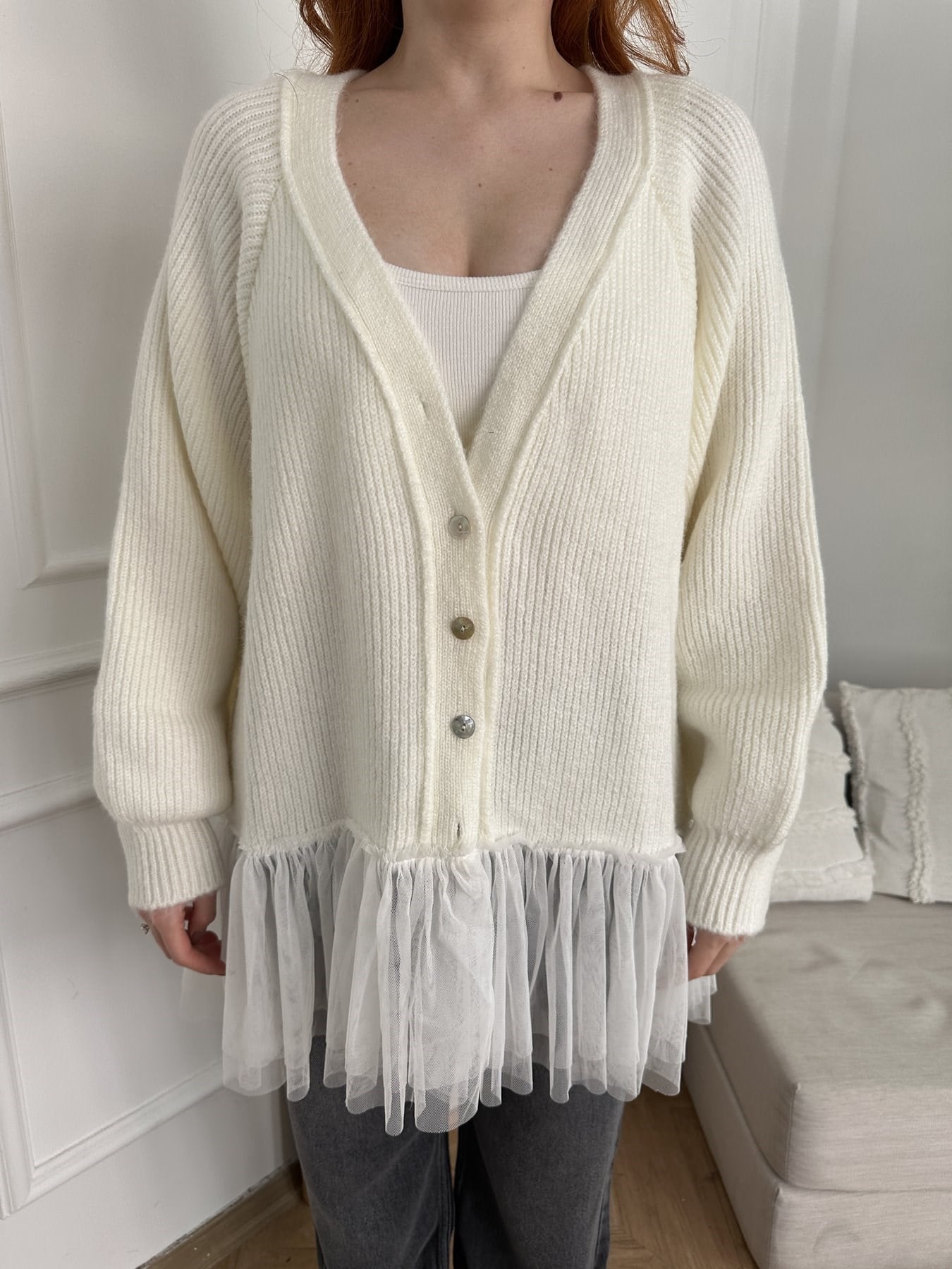 Tül Detay Oversize Hırka Kemik