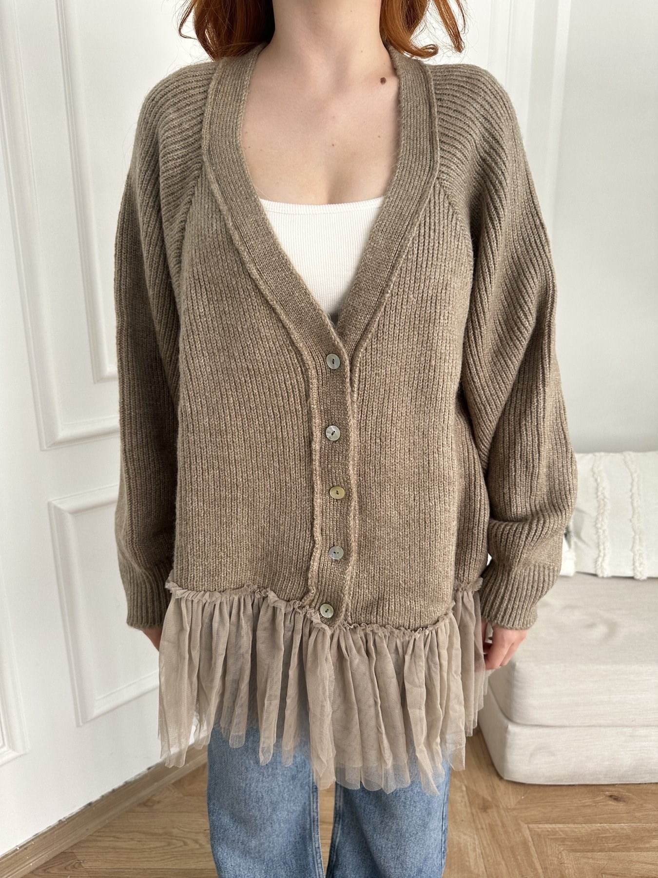 Tül Detay Oversize Hırka Vizon