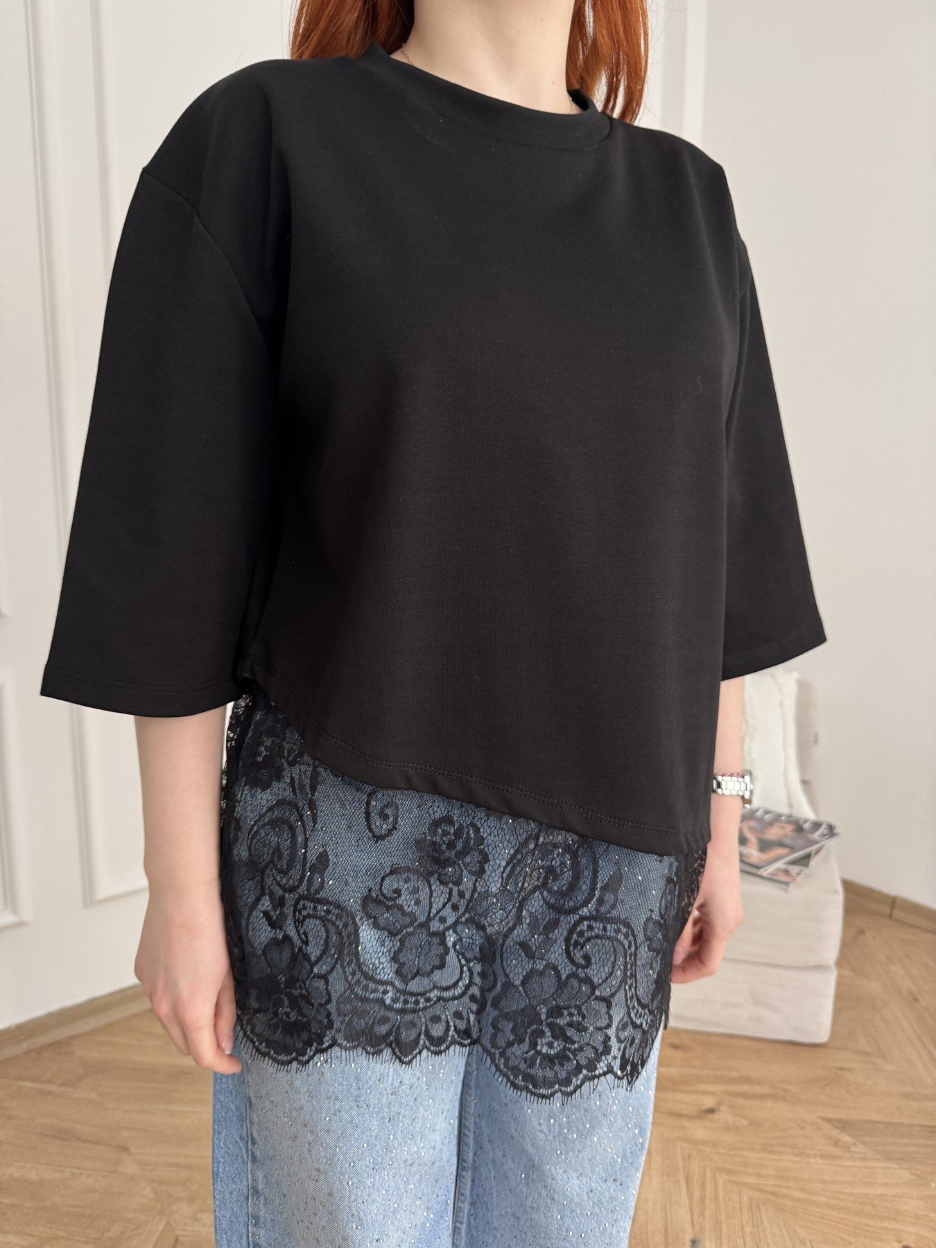 Tül Detay T-shirt Siyah