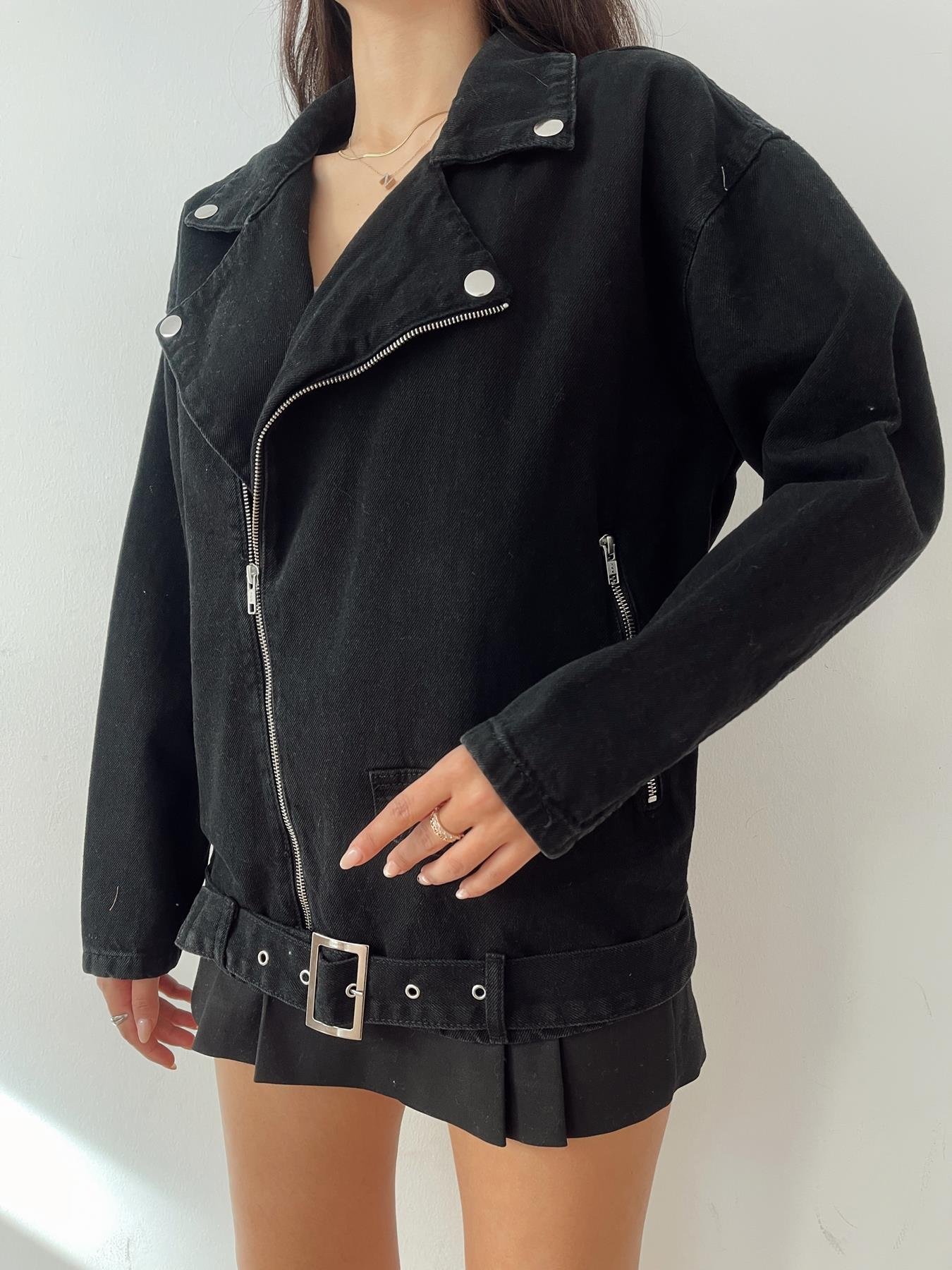 Uzun Kemerli Jean Ceket SİYAH