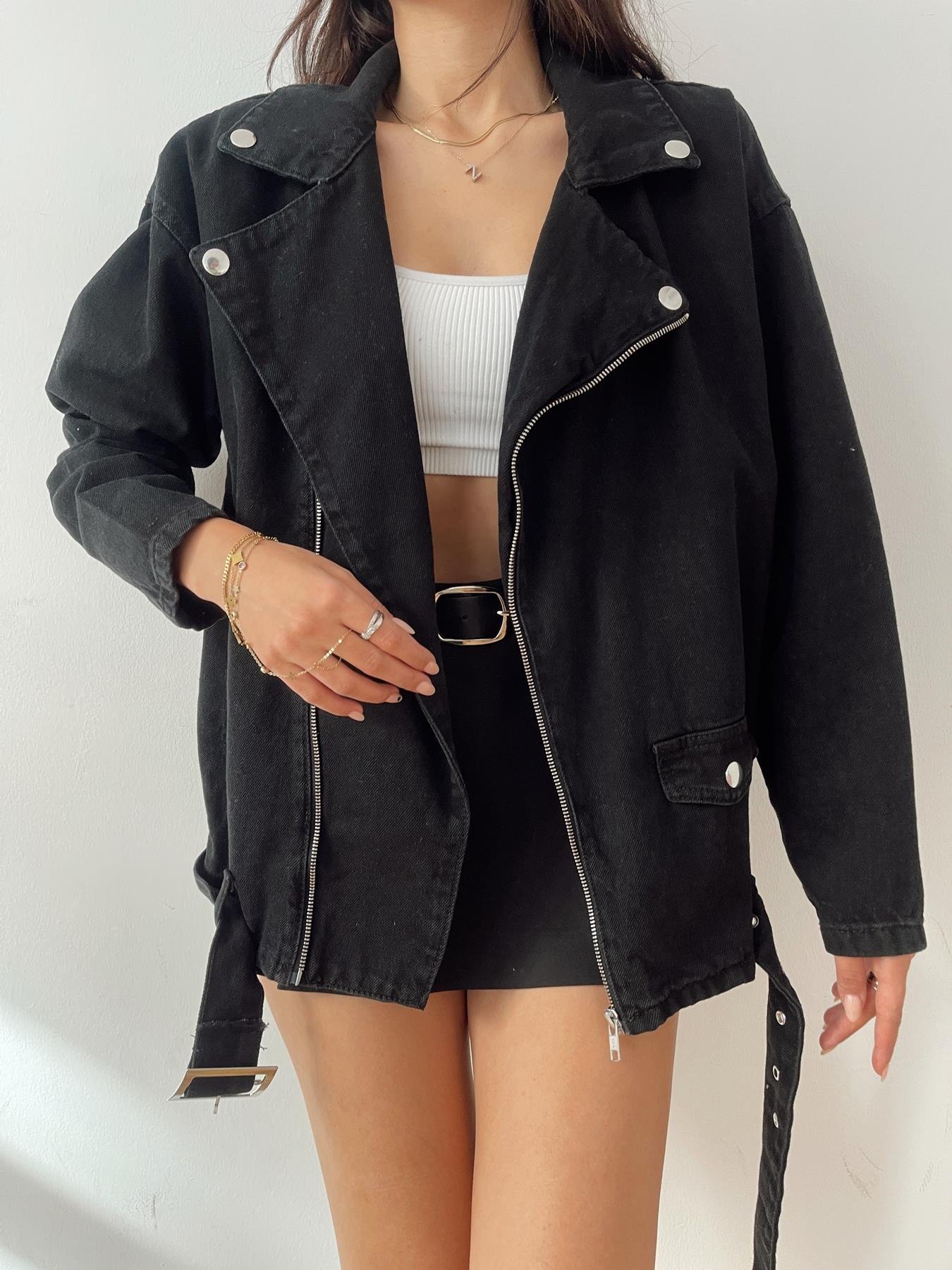 Uzun Kemerli Jean Ceket SİYAH