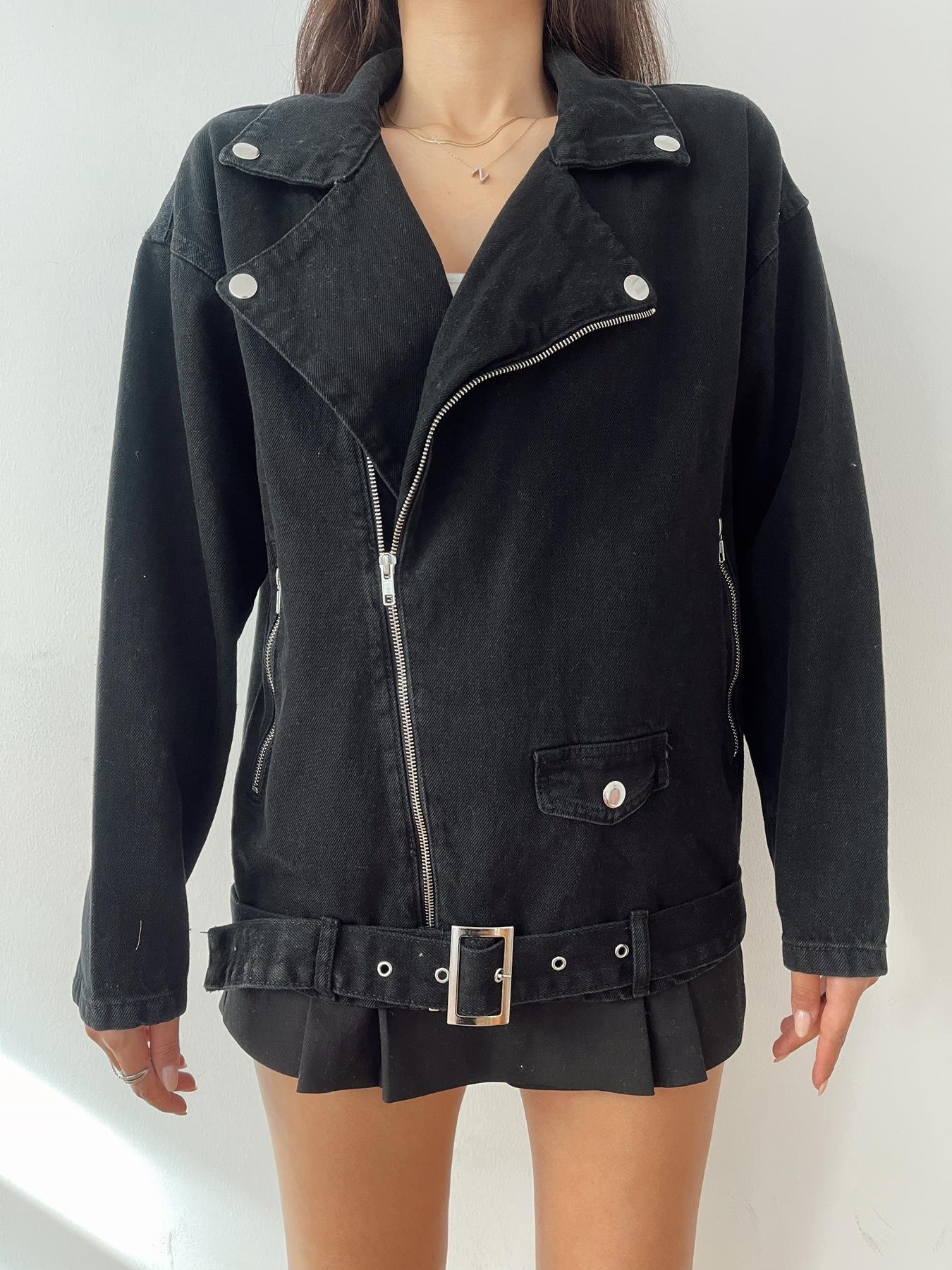 Uzun Kemerli Jean Ceket SİYAH