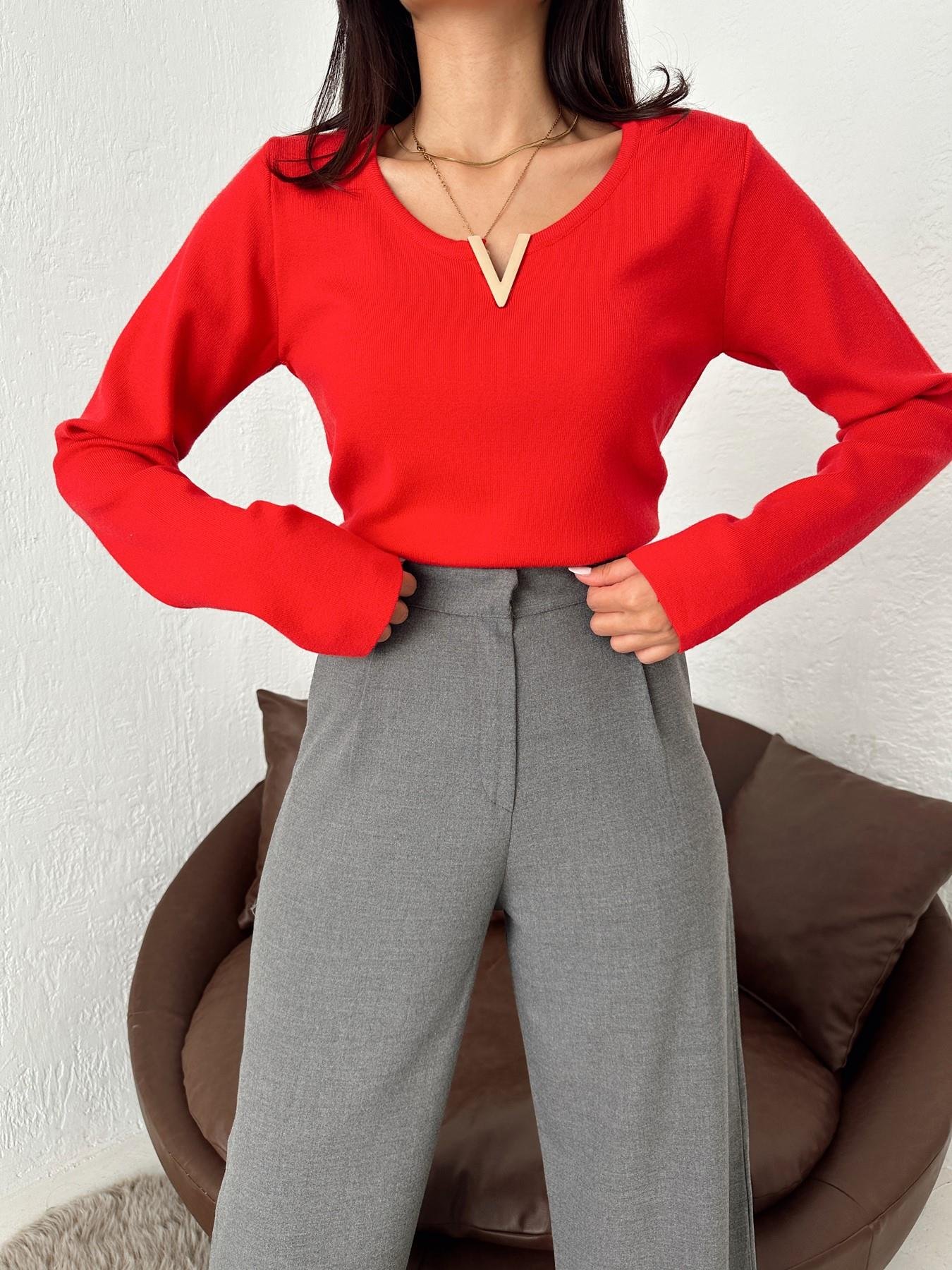 V Broşlu Triko KIRMIZI