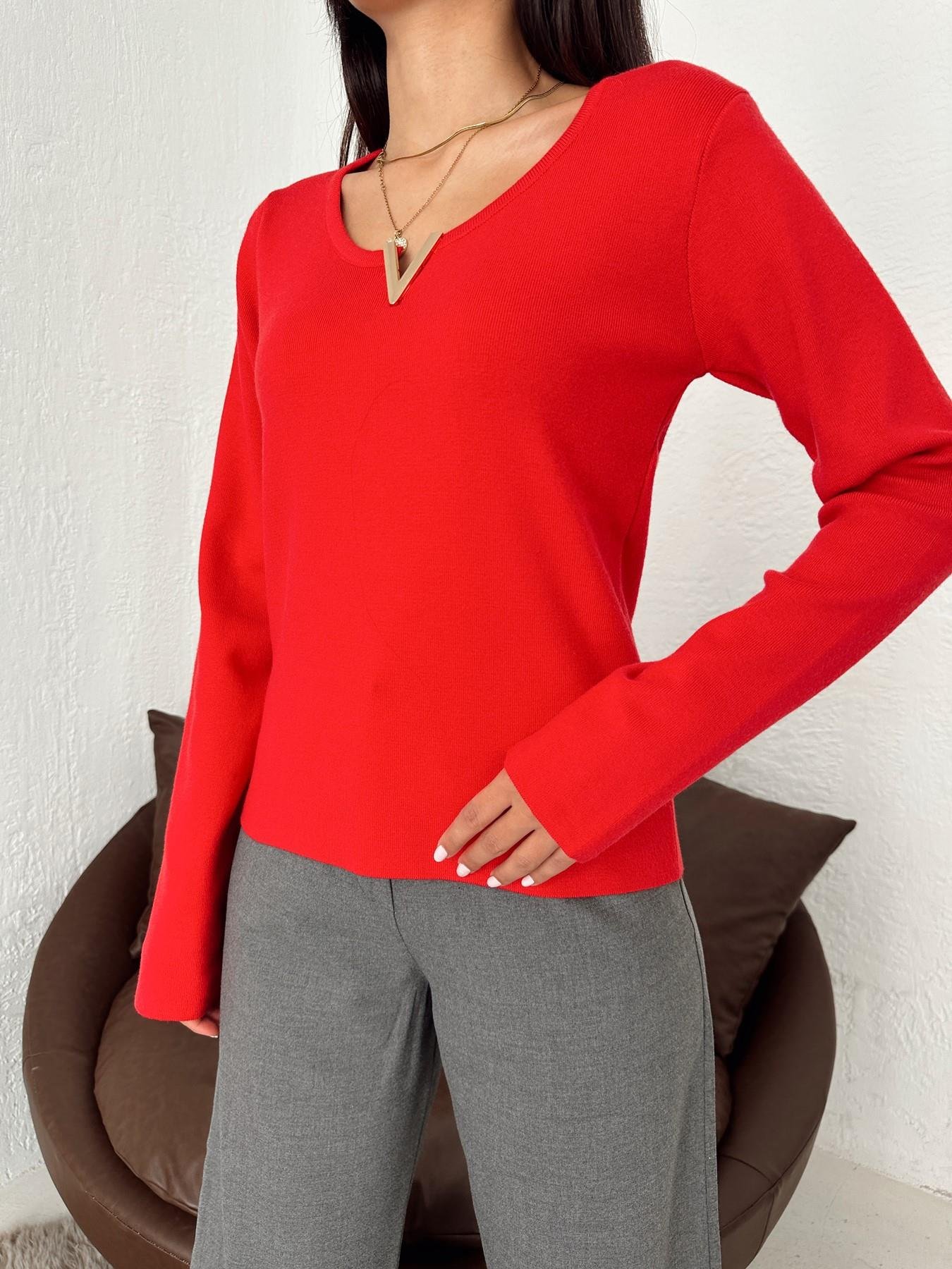 V Broşlu Triko KIRMIZI