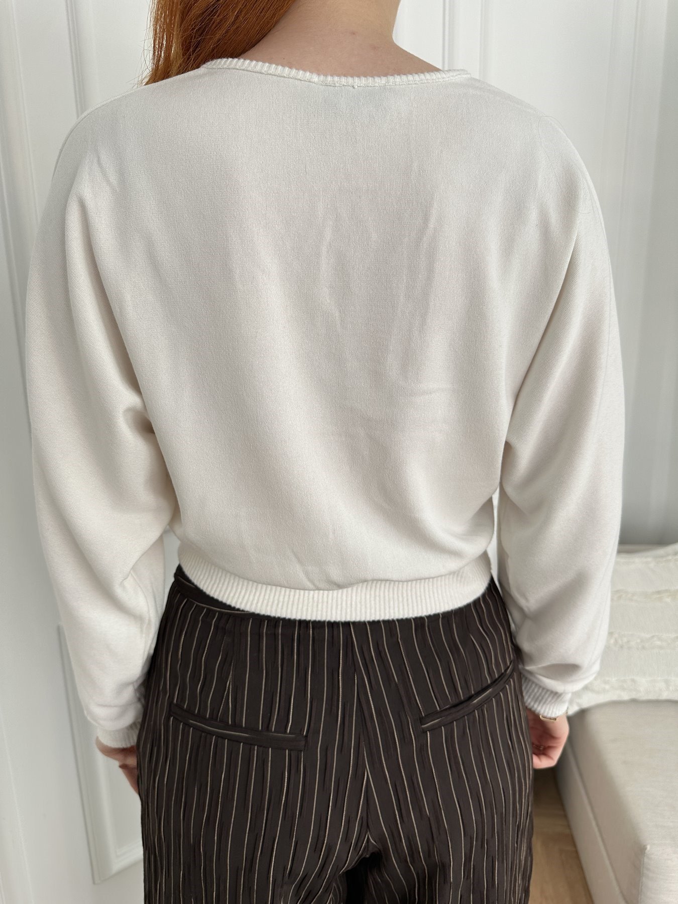 V Yaka Crop Yarasa Kol Hırka Ekru
