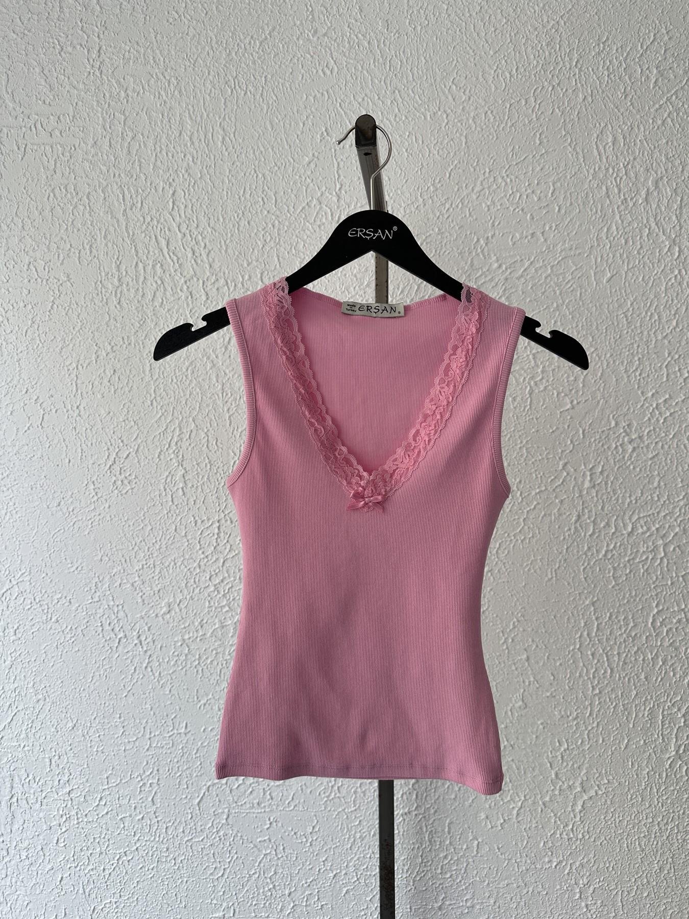 V Yaka Dantelli Atlet Açık pembe