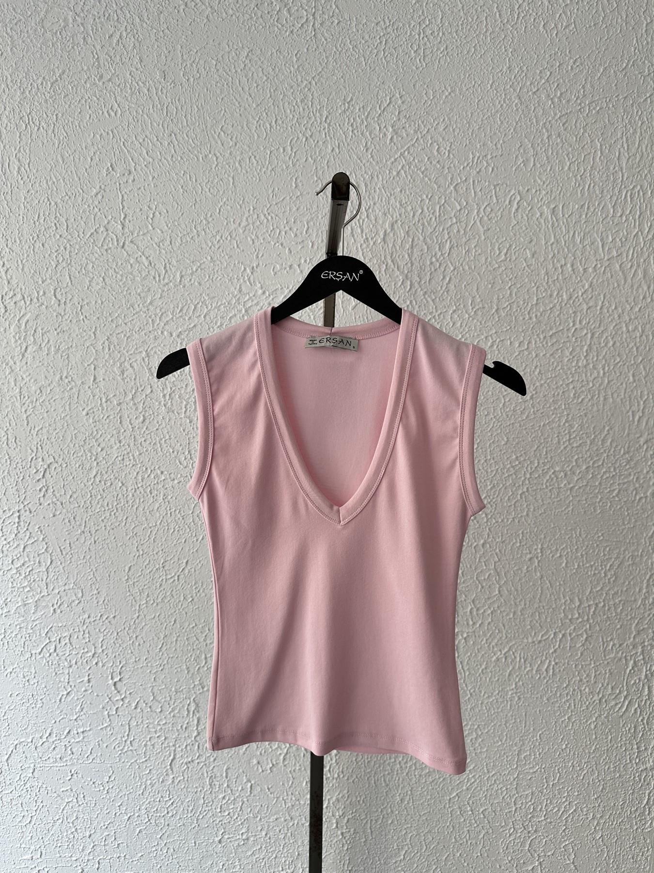 V Yaka Kolsuz Tişört Pembe