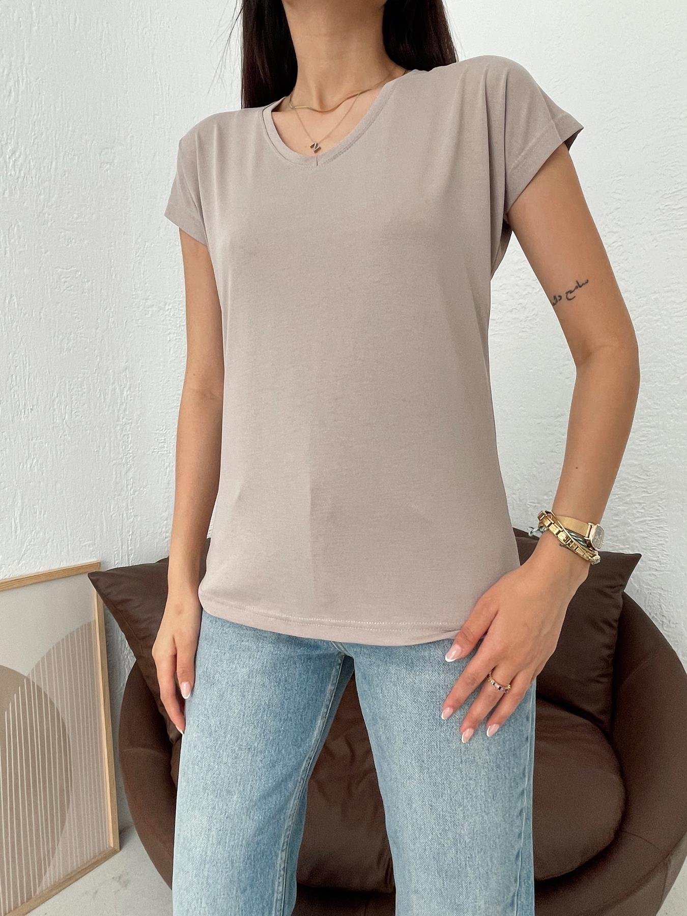 V Yaka Modal Kumaş Tişört VİZON