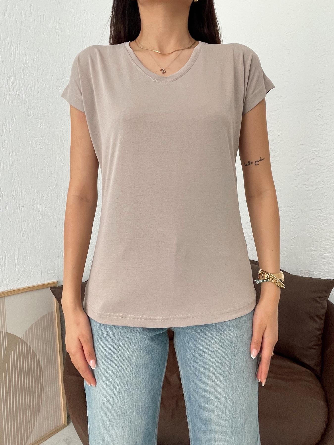 V Yaka Modal Kumaş Tişört VİZON