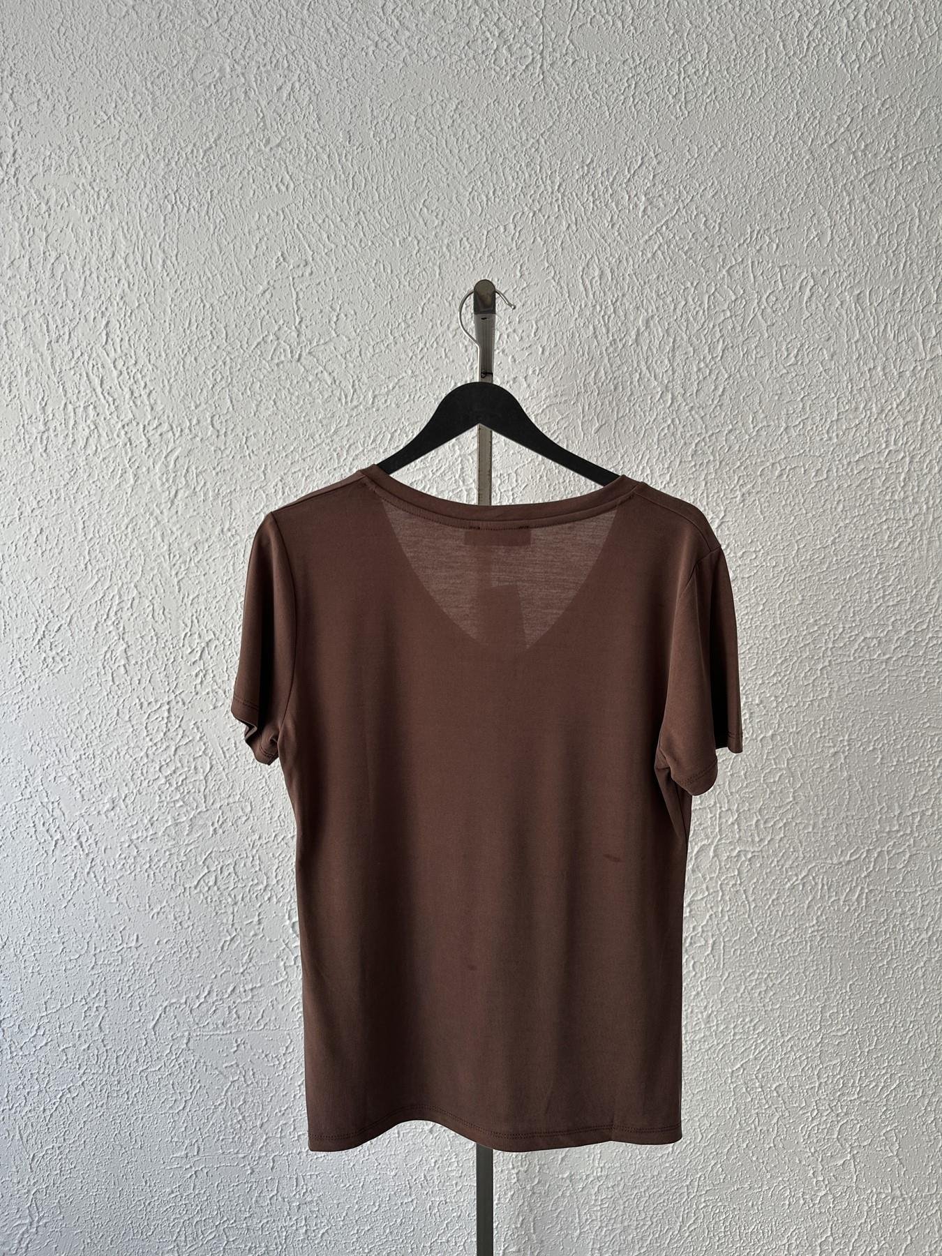 V Yaka Oversize Tişört Kahve