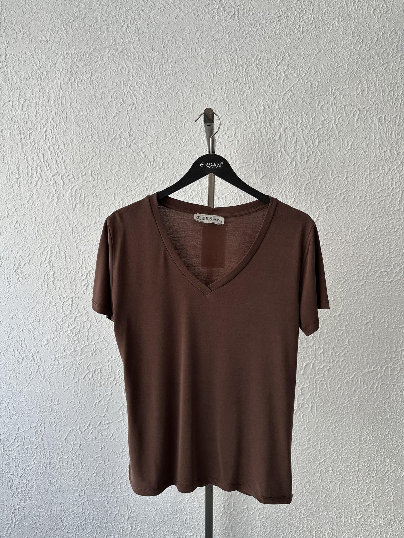 V Yaka Oversize Tişört Kahve