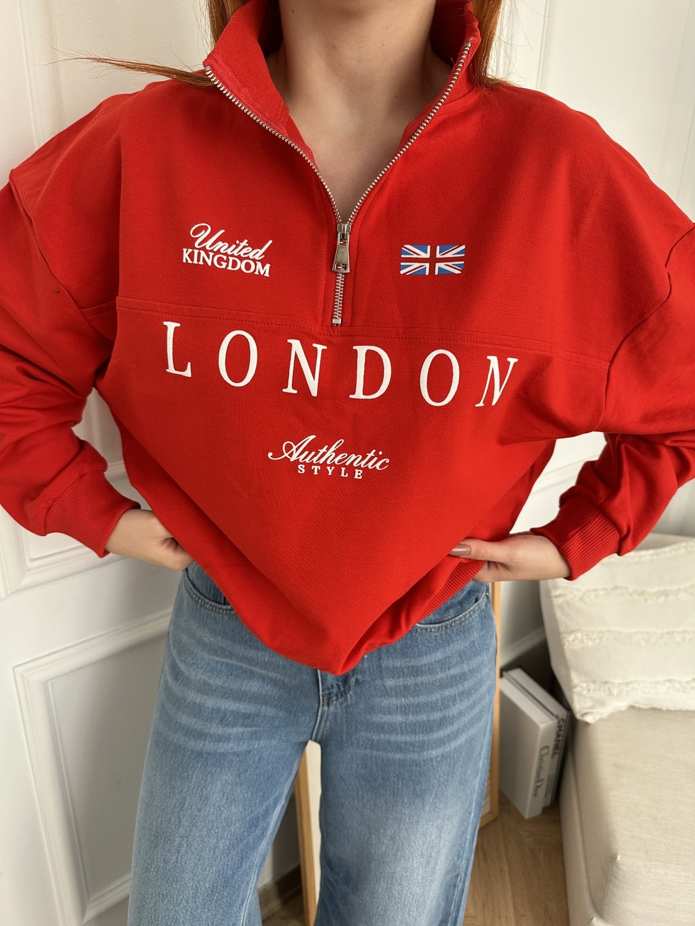Yaka Fermuarlı London Sweatshırt Kırmızı