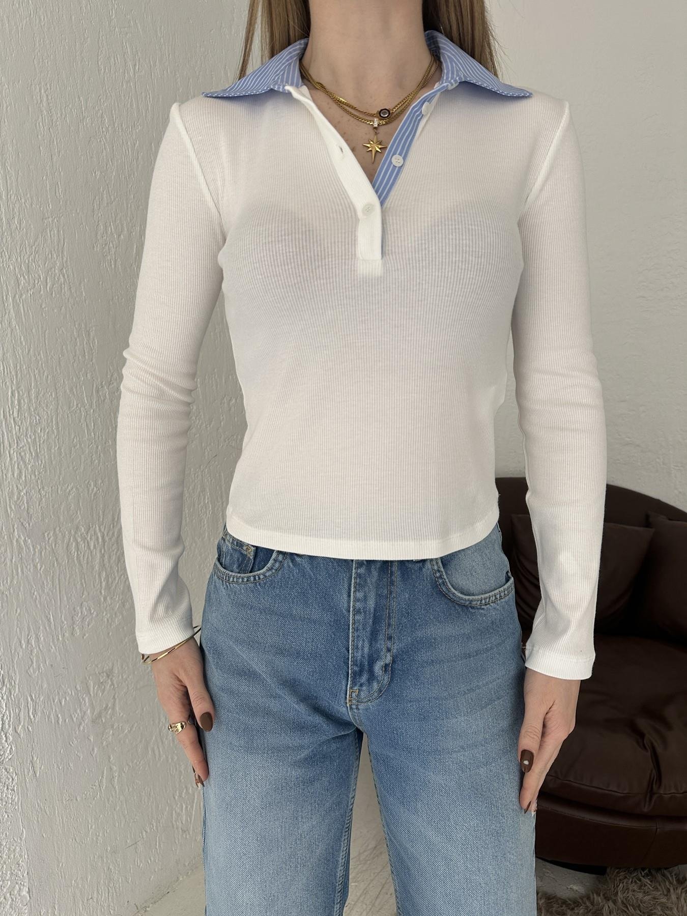 Yakası Gömlek Detaylı Uzun Kol Tişört Ekru