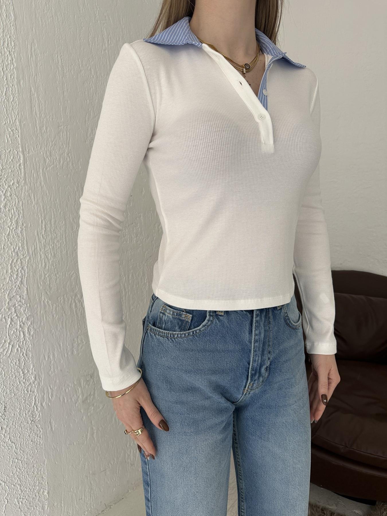 Yakası Gömlek Detaylı Uzun Kol Tişört Ekru