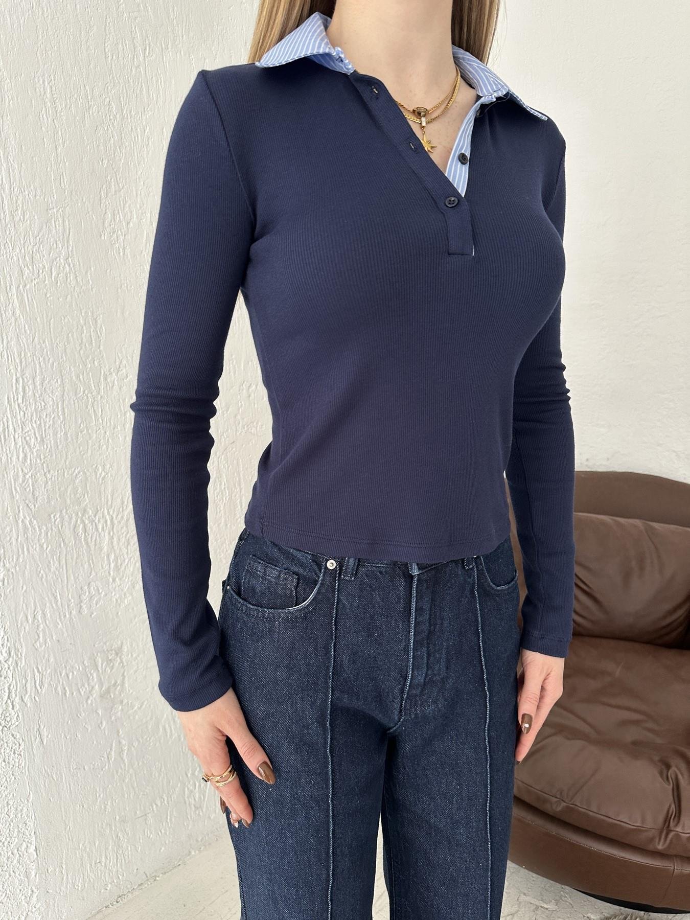 Yakası Gömlek Detaylı Uzun Kol Tişört Lacivert