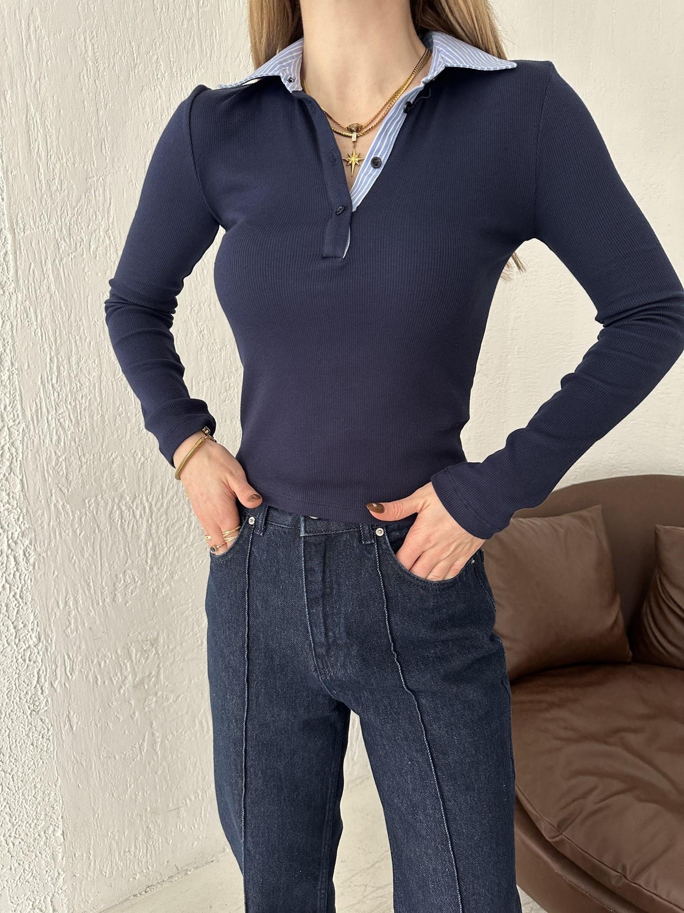 Yakası Gömlek Detaylı Uzun Kol Tişört Lacivert