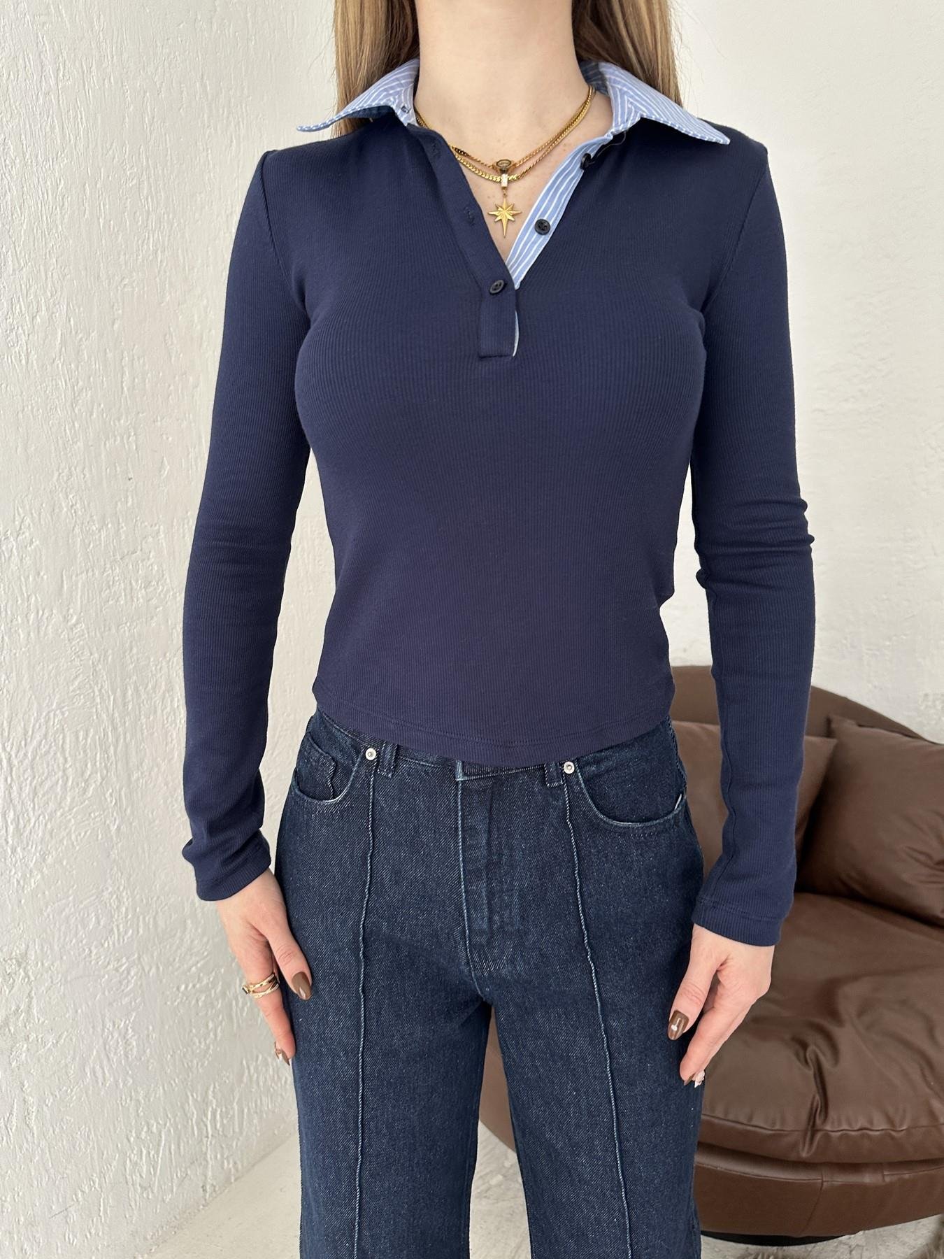 Yakası Gömlek Detaylı Uzun Kol Tişört Lacivert