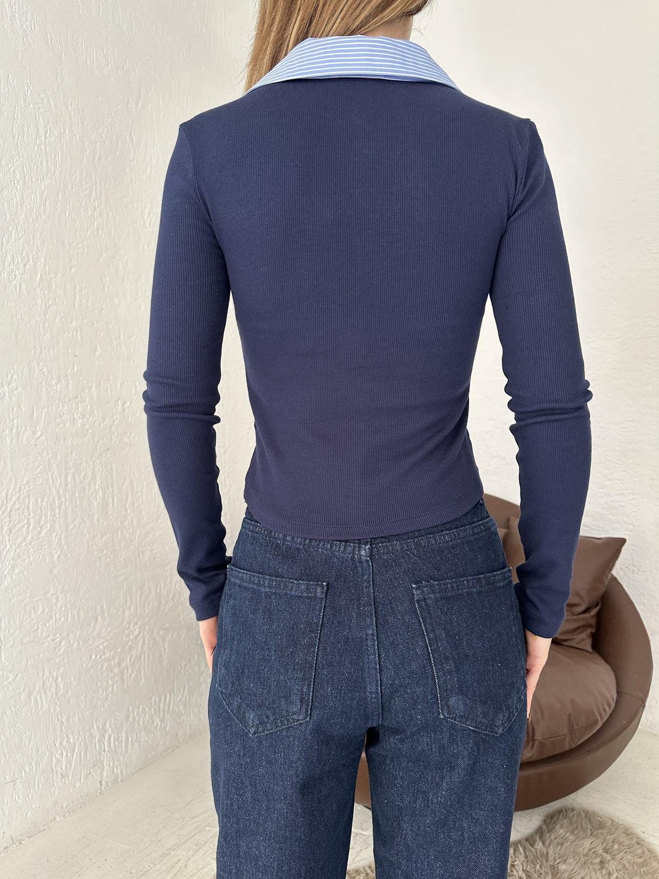Yakası Gömlek Detaylı Uzun Kol Tişört Lacivert