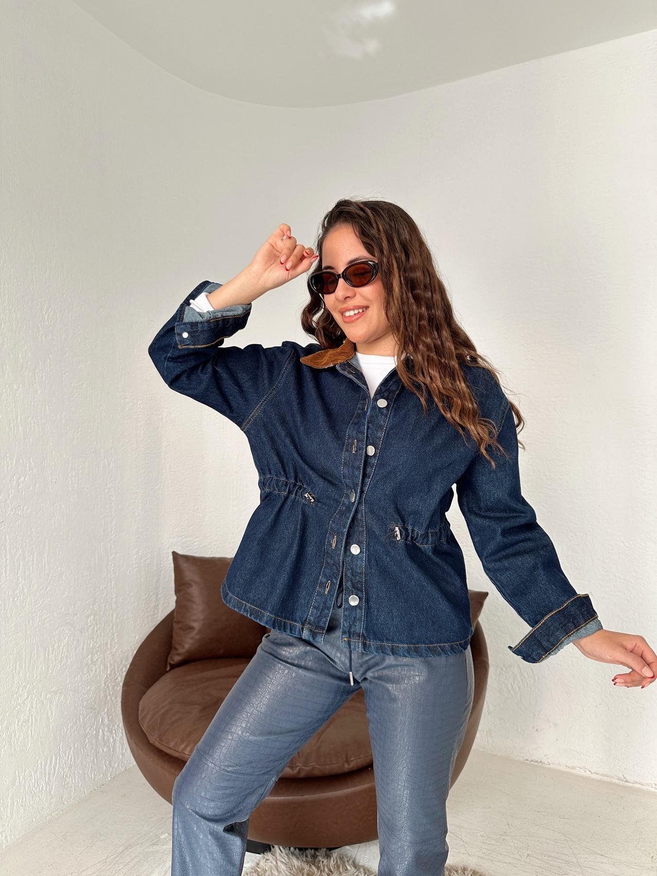 Yakası Kadife Jean Ceket LACİVERT