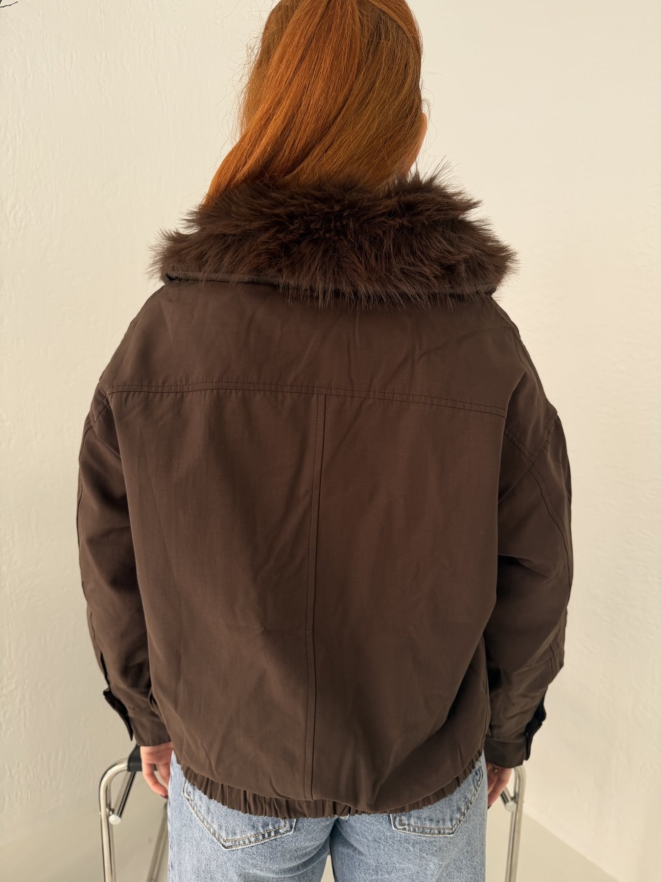 Yakası Kürklü Bomber Mont Kahve