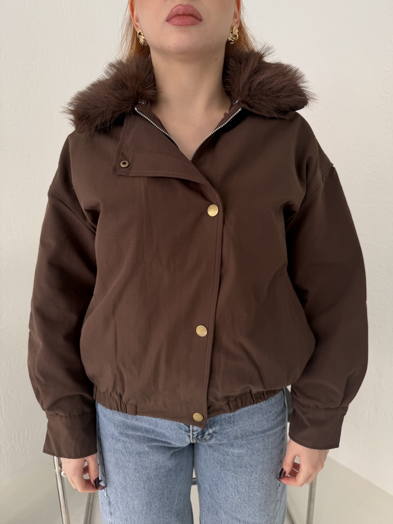 Yakası Kürklü Bomber Mont Kahve
