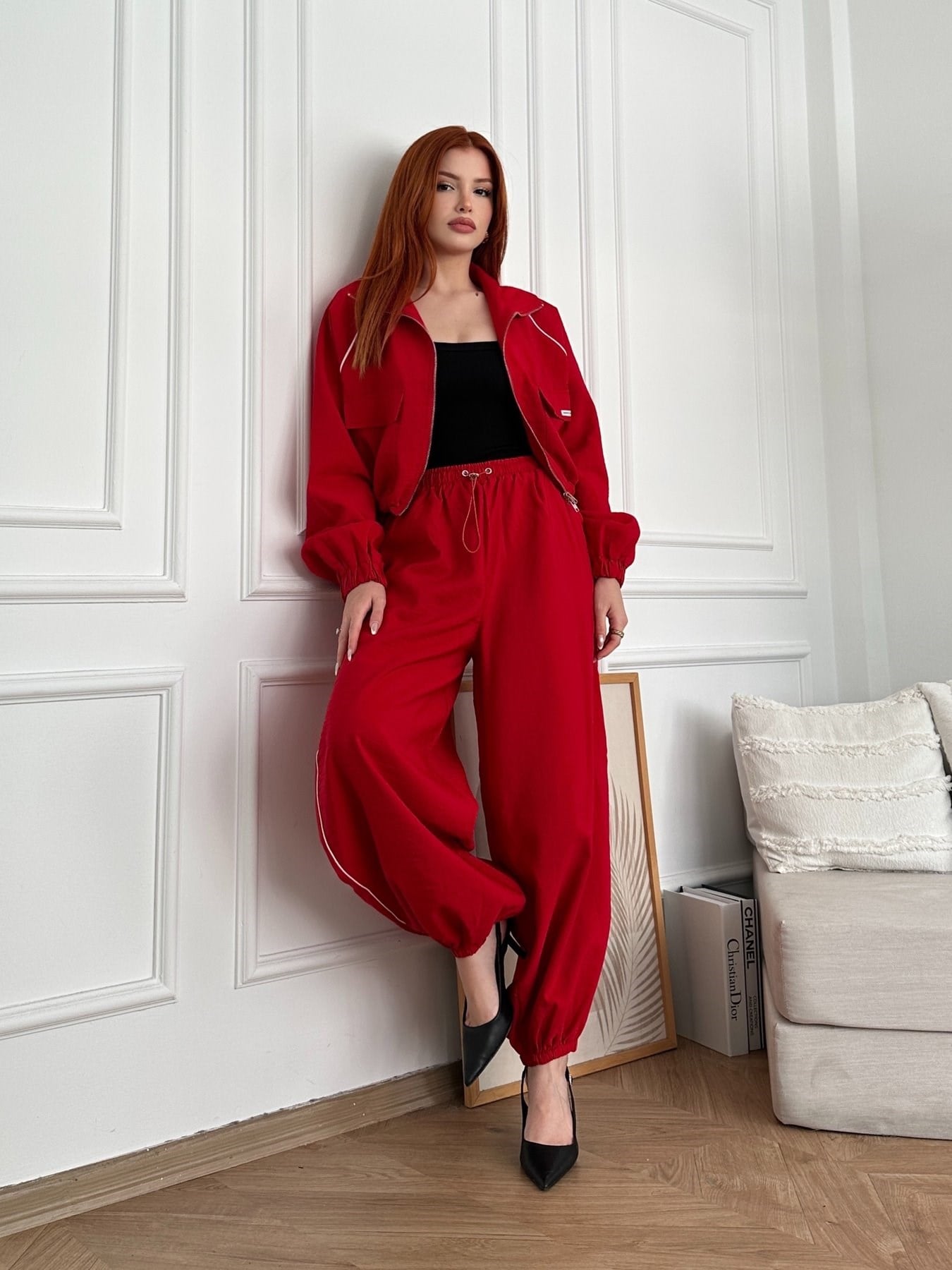 Yanı Şeritli Paraşüt Pantolon Kırmızı