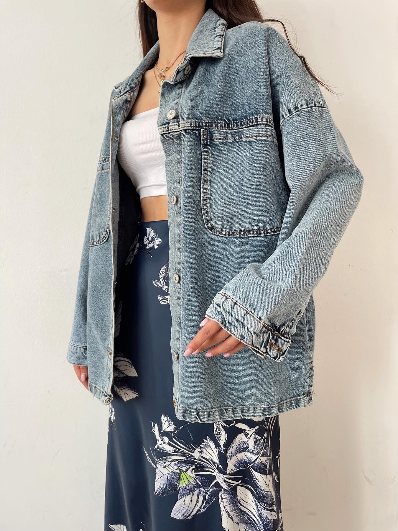 Yanı Yırtmaçlı Jean Ceket MAVİ