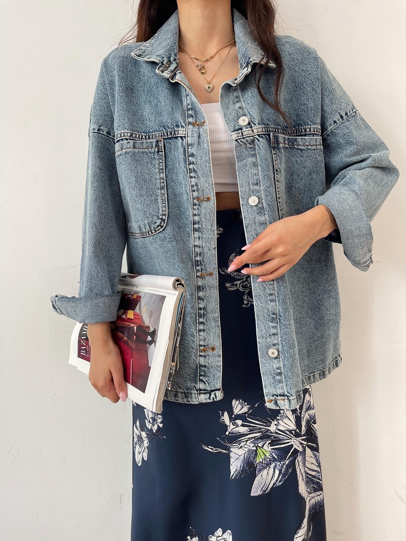 Yanı Yırtmaçlı Jean Ceket MAVİ