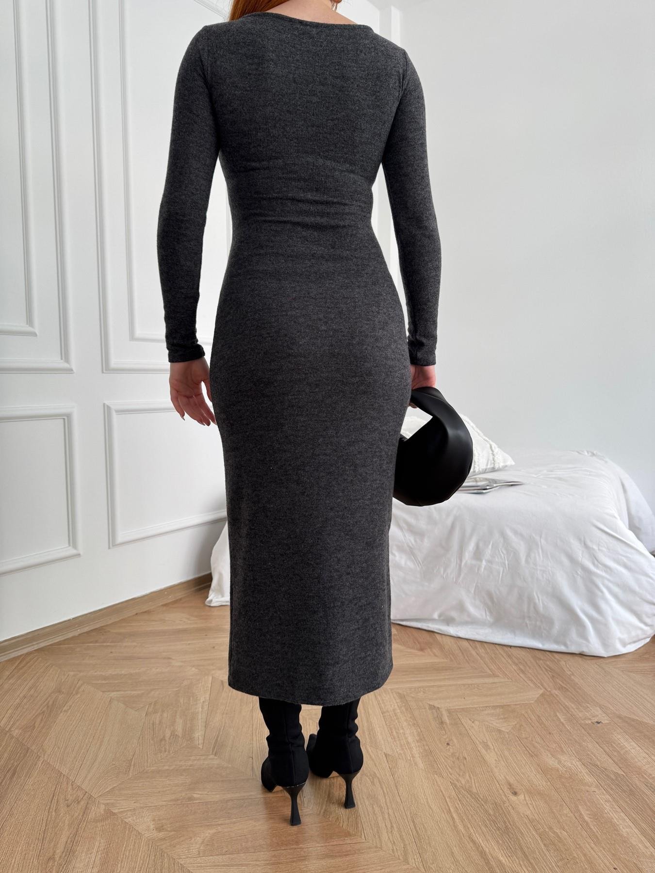 Yanları Büzgülü Uzun Kol Elbise Antrasit melanj