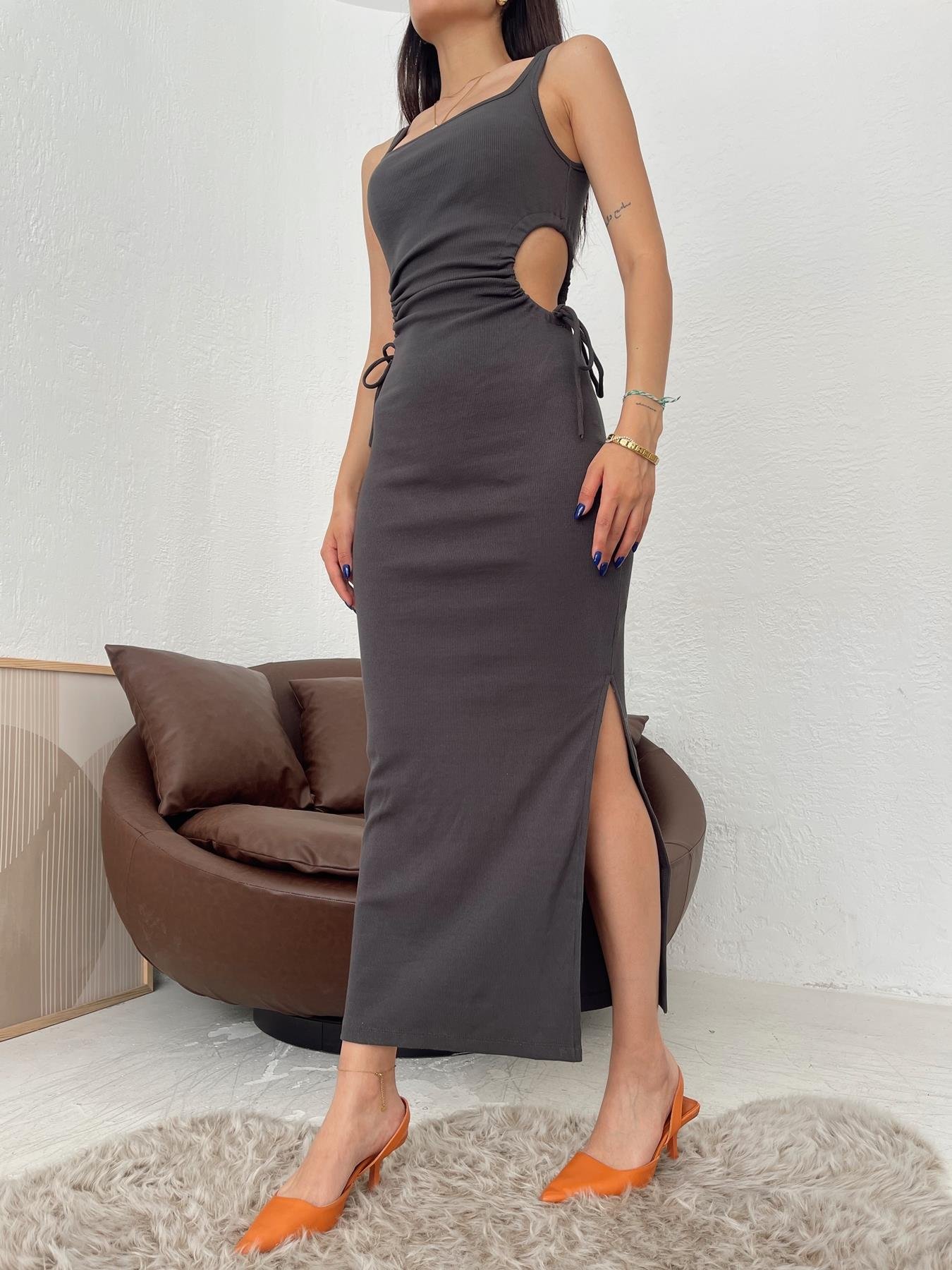 Yanları Pencereli Uzun Elbise ANTRASİT