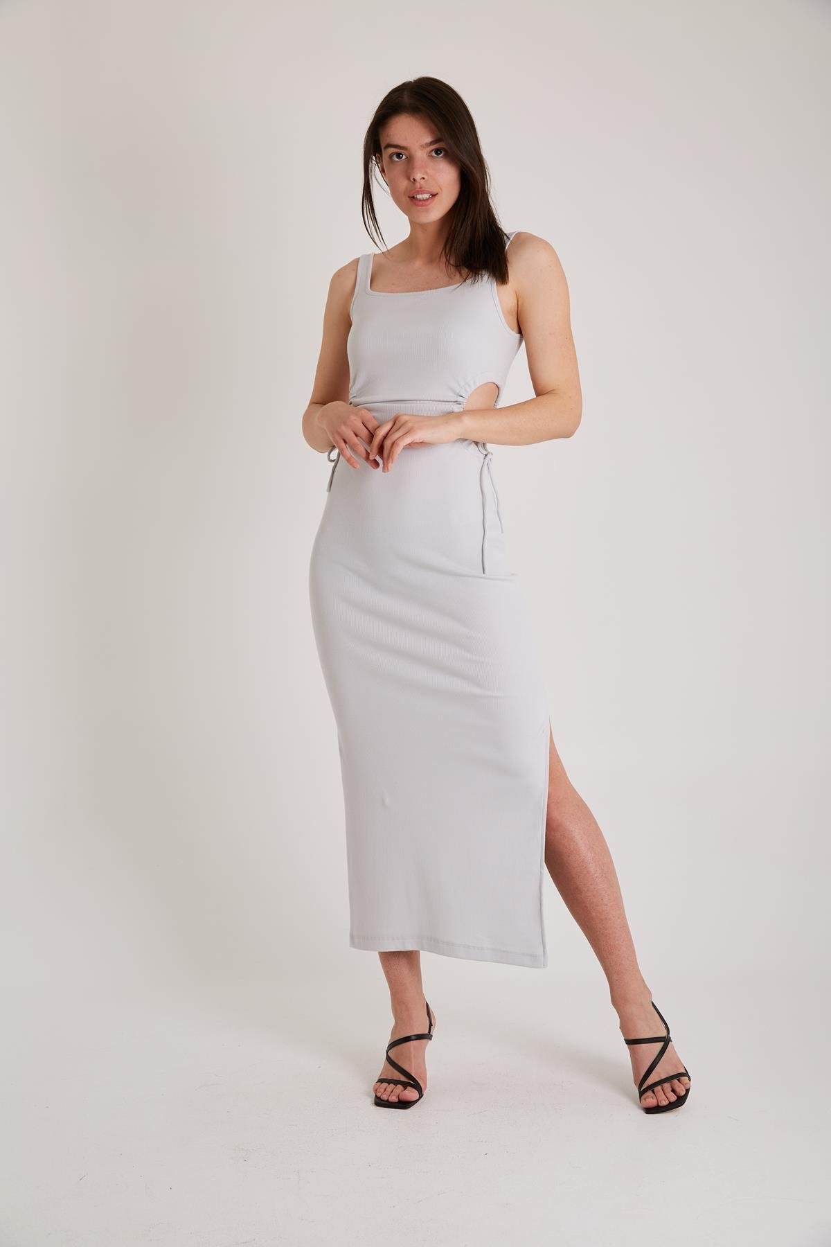 Yanları Pencereli Uzun Elbise GRİ