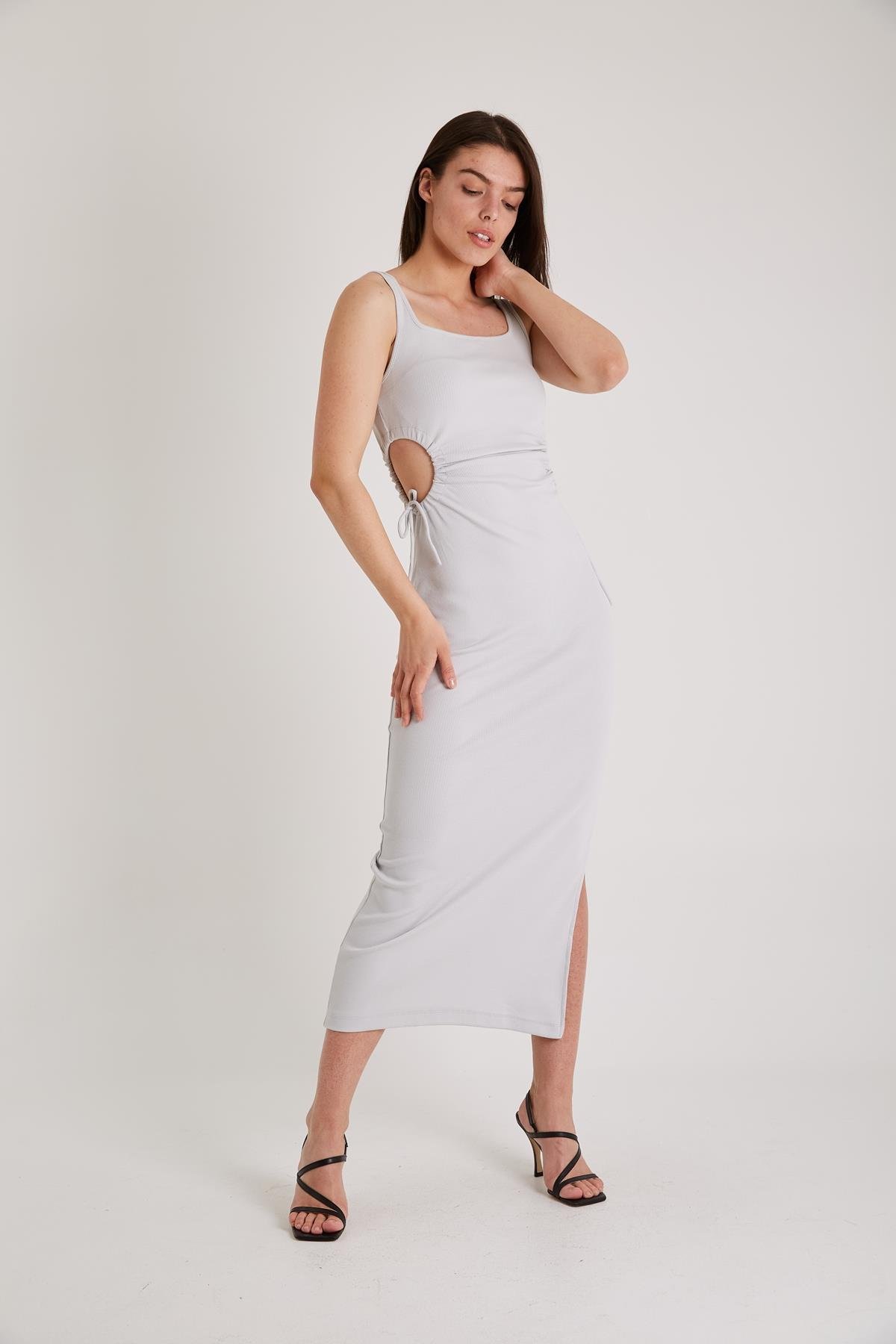 Yanları Pencereli Uzun Elbise GRİ