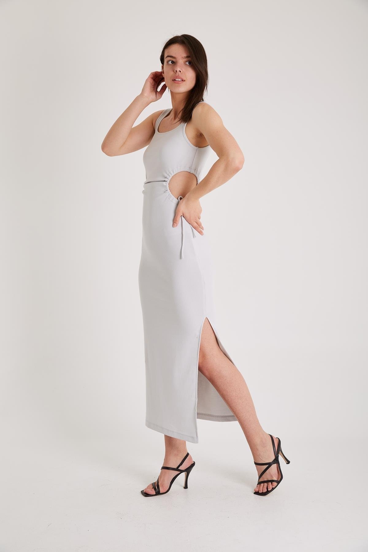 Yanları Pencereli Uzun Elbise GRİ