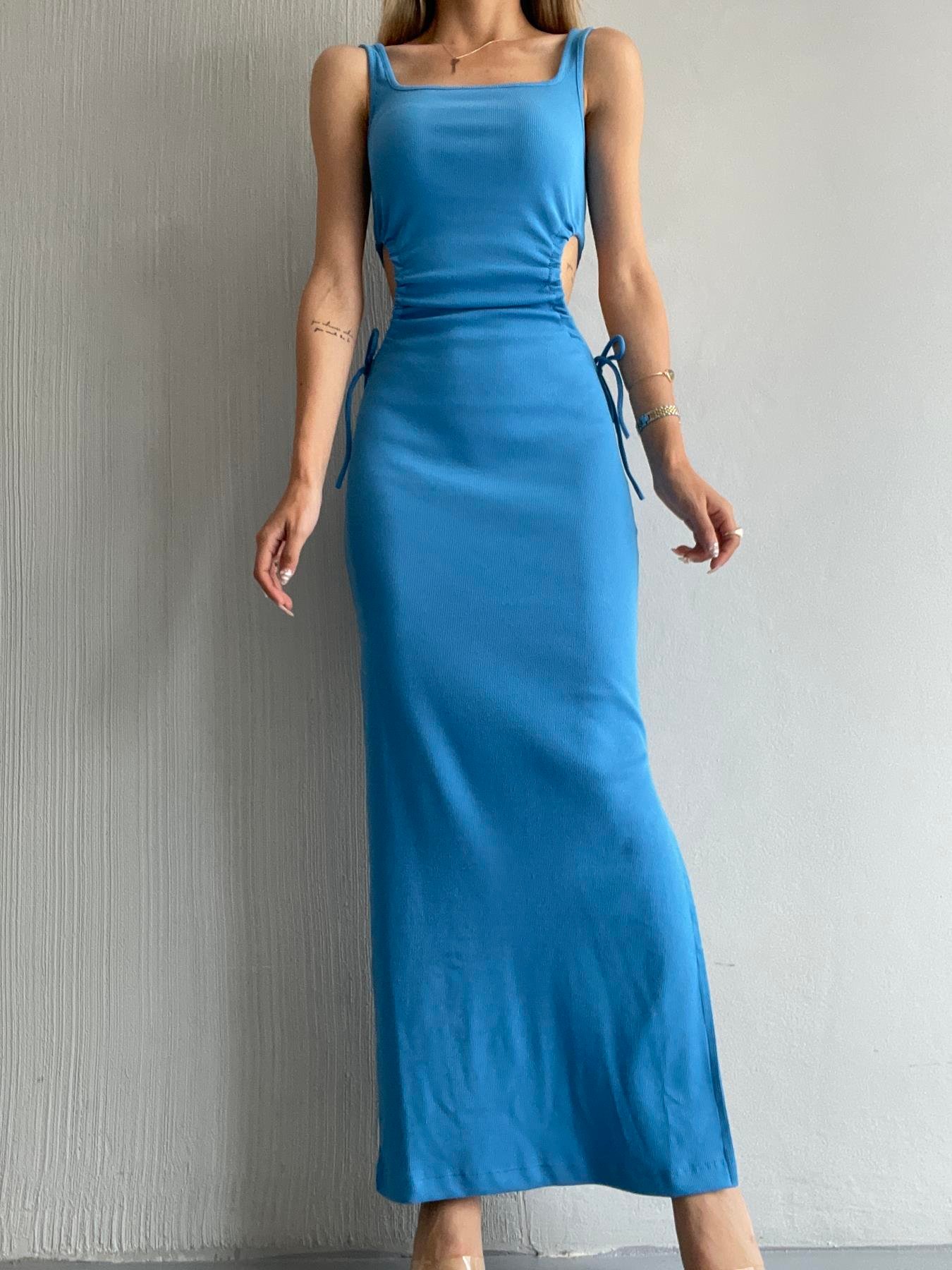 Yanları Pencereli Uzun Elbise MAVİ