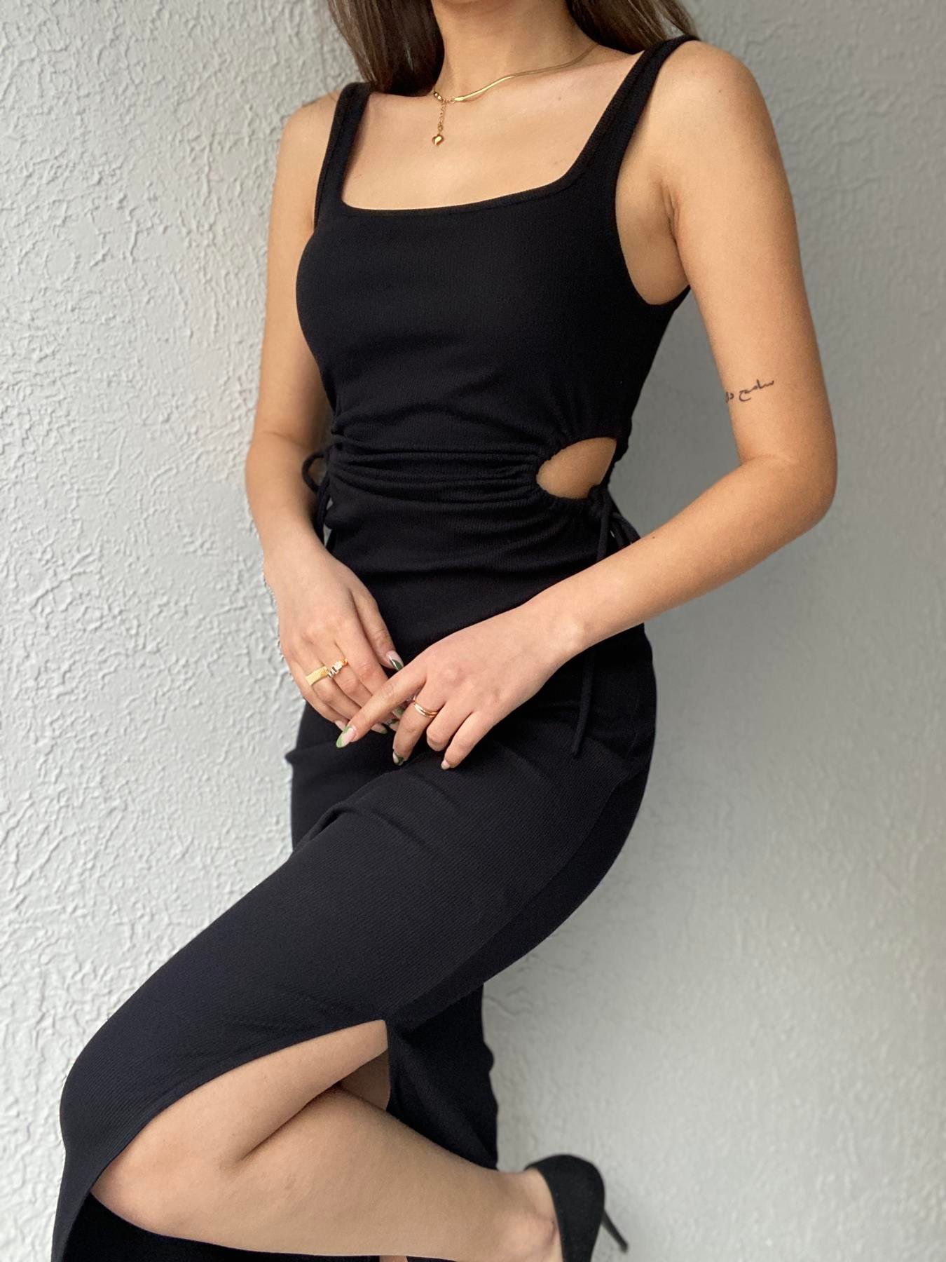 Yanları Pencereli Uzun Elbise SİYAH