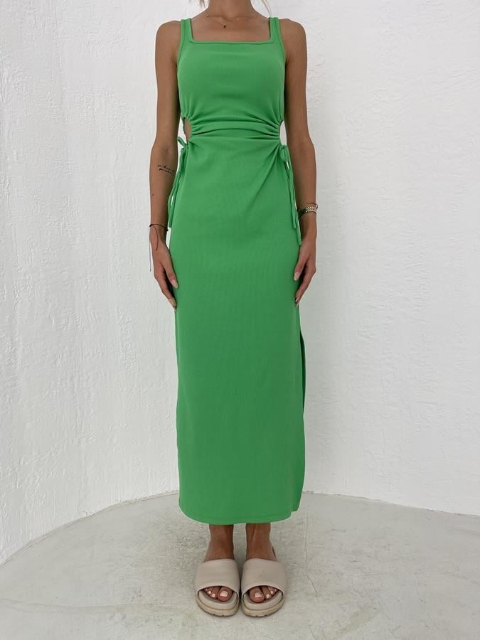 Yanları Pencereli Uzun Elbise YEŞİL