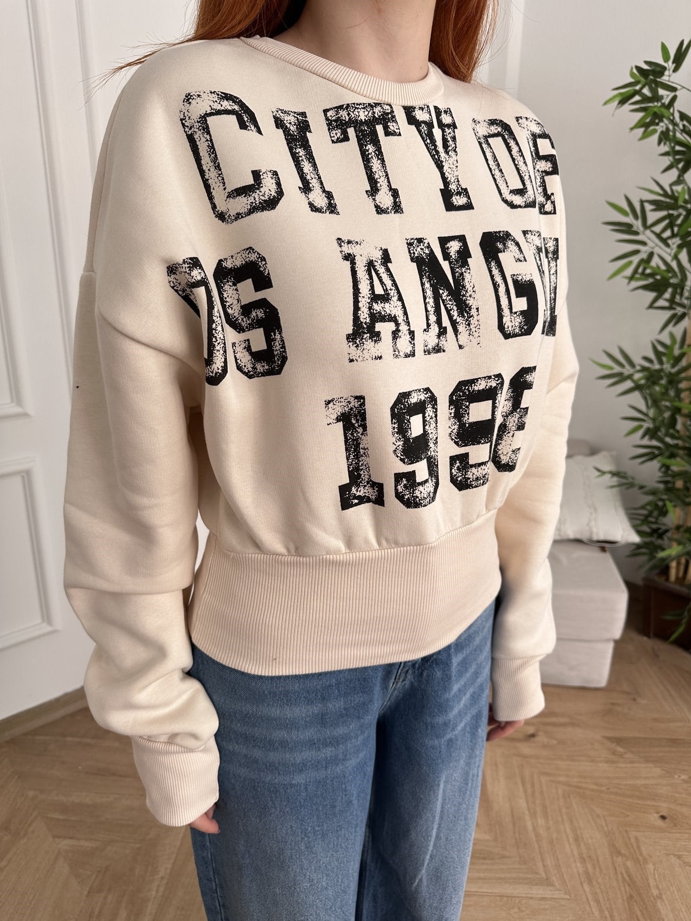 Yarasa Kol City Baskılı Sweatshırt Taş