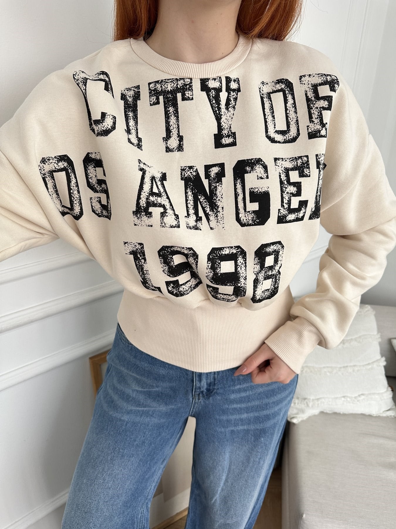 Yarasa Kol City Baskılı Sweatshırt Taş